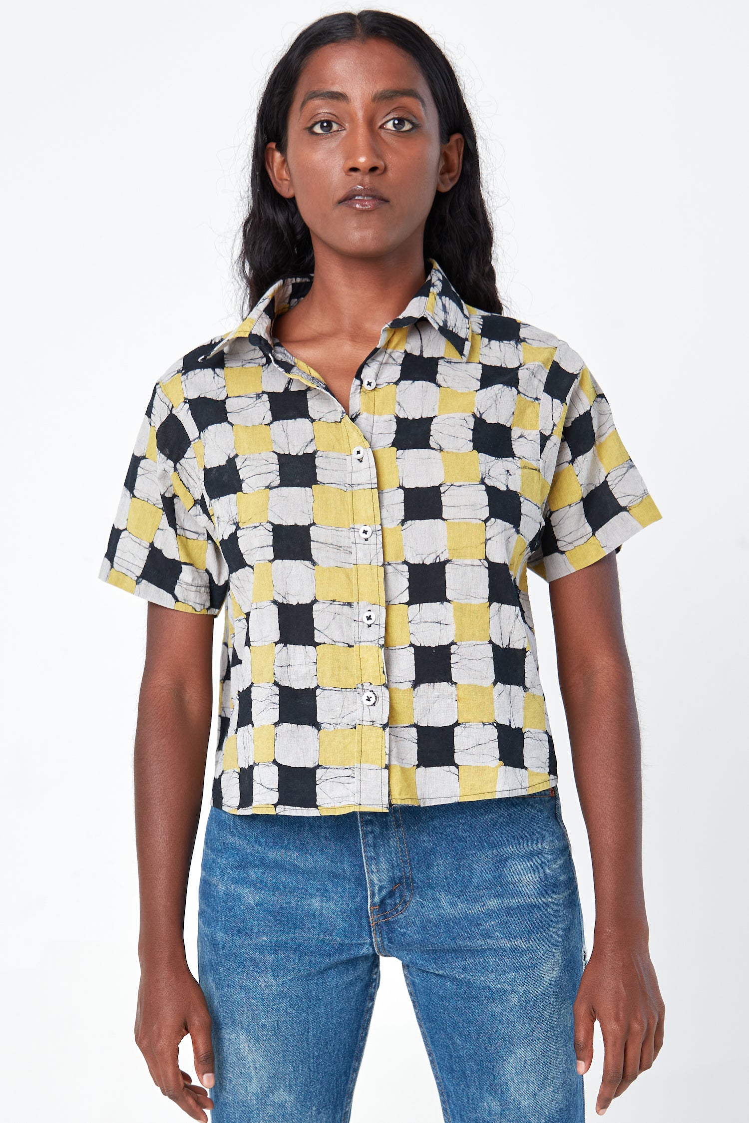 'The Michelle' Hand Block Printed Short Sleeve Shirt in Yellow and Black  Chessboard Batik Print