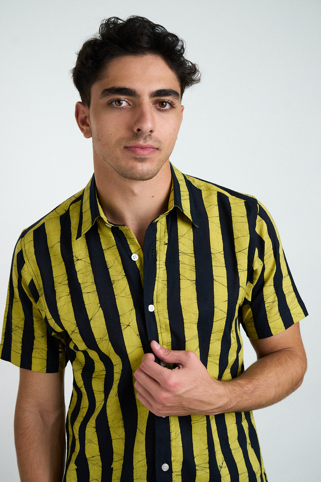 Hand Block Printed 'The Aby' Short Sleeve Shirt in Lemon and Black Batik Stripes