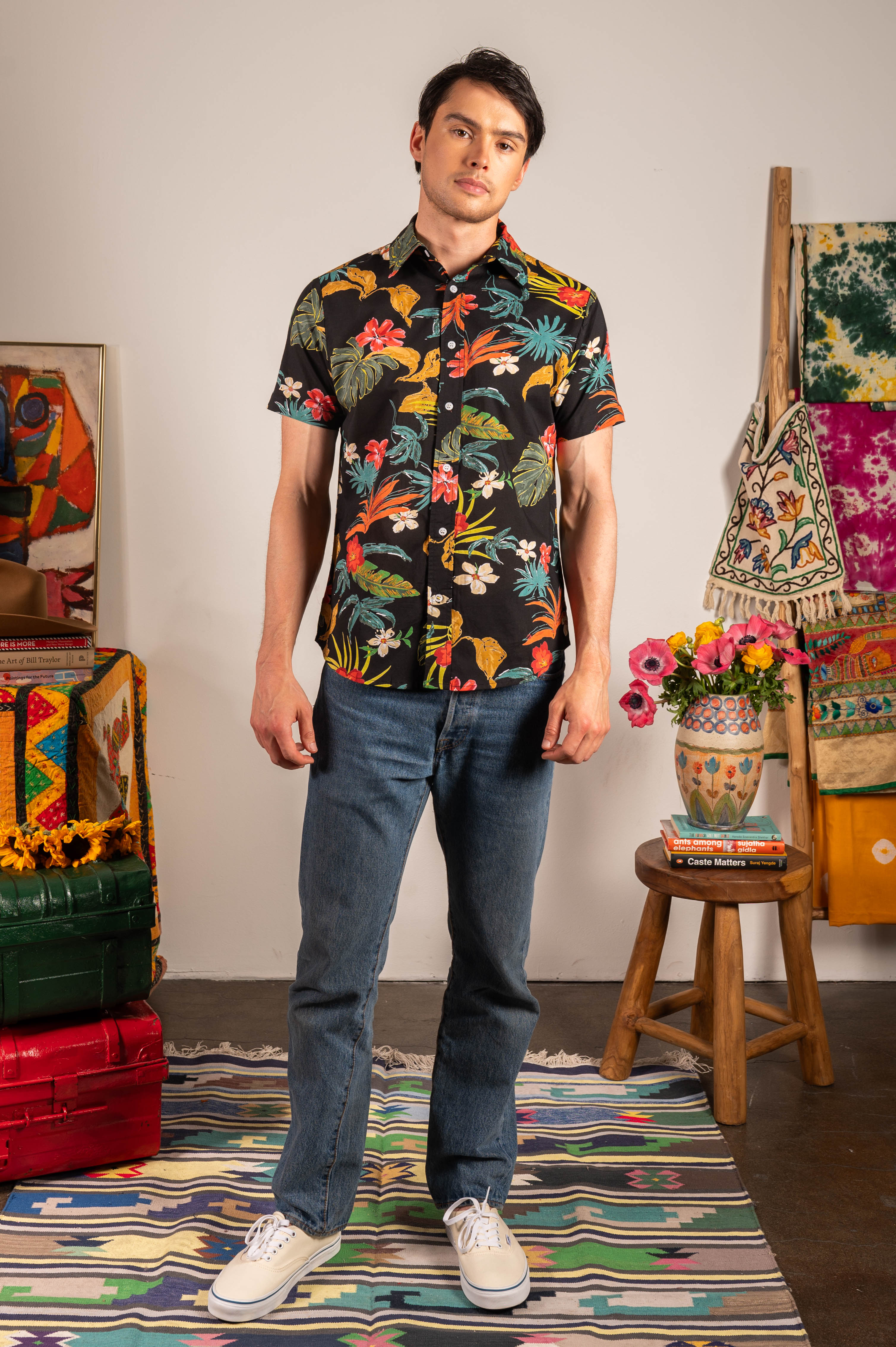 Hand Printed 'The Prat' Short Sleeve Shirt in Black Tropical Floral Print