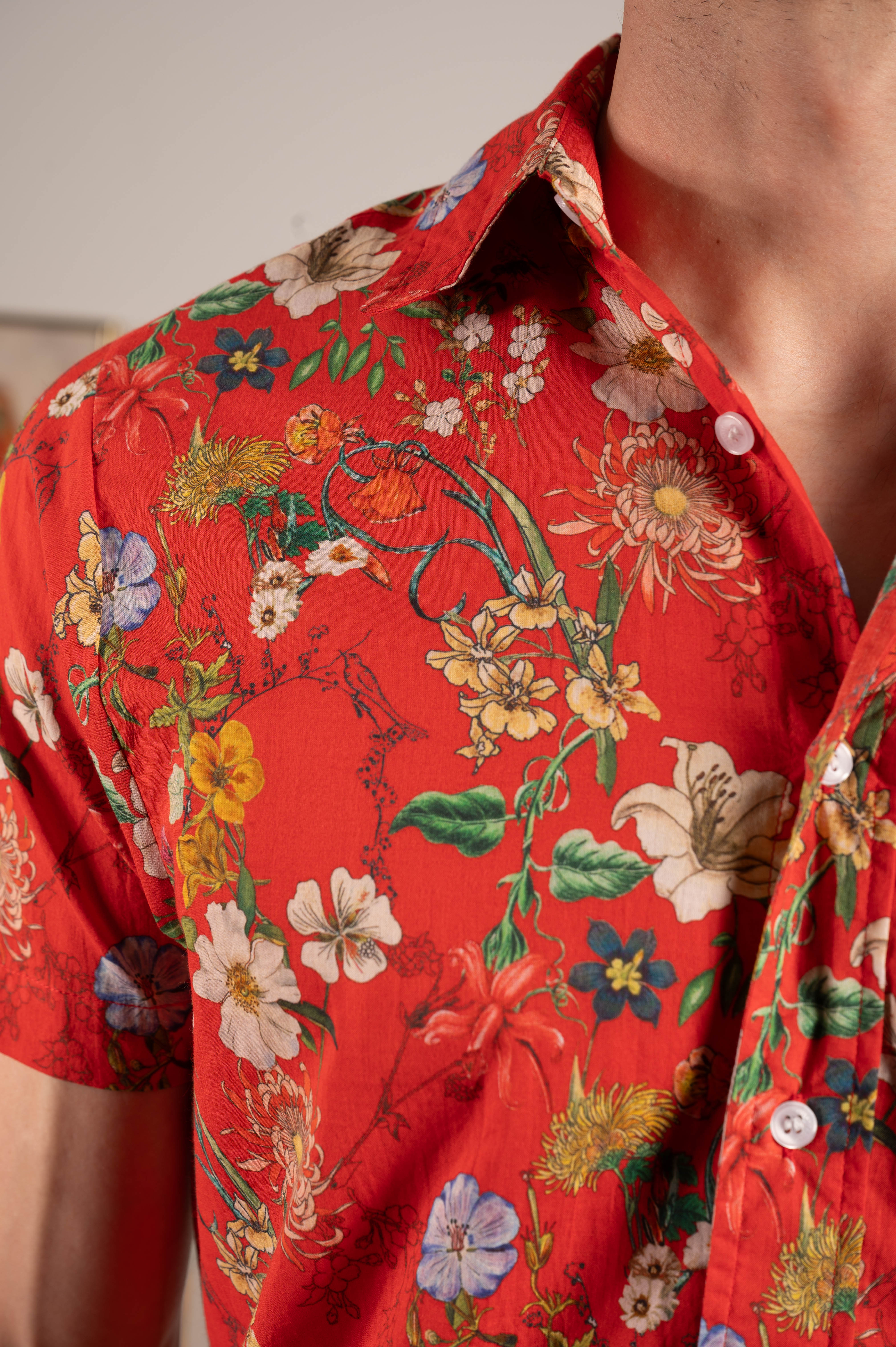 'The Sheril' Short Sleeve Shirt in French Red Floral Print