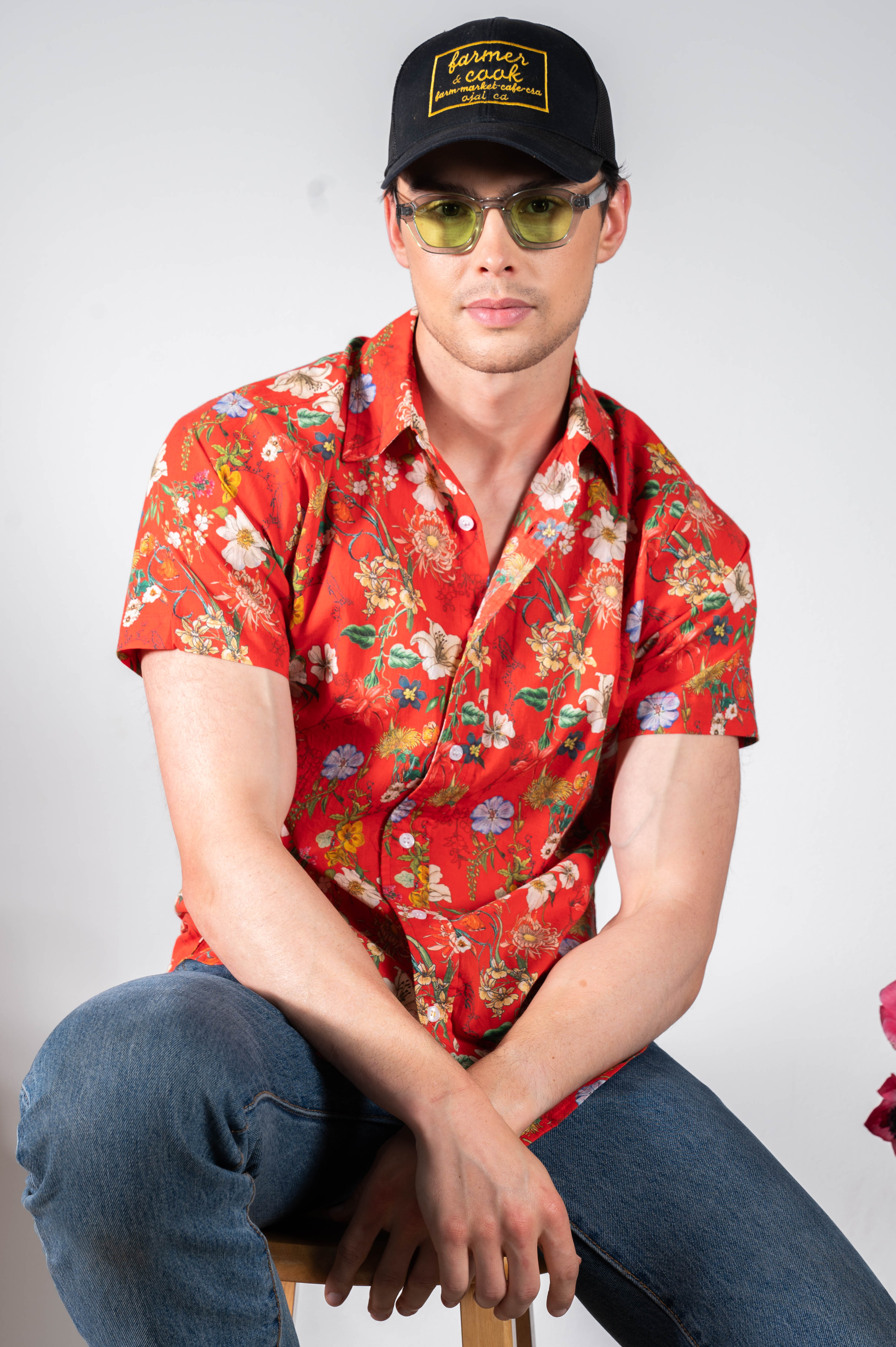 'The Sheril' Short Sleeve Shirt in French Red Floral Print