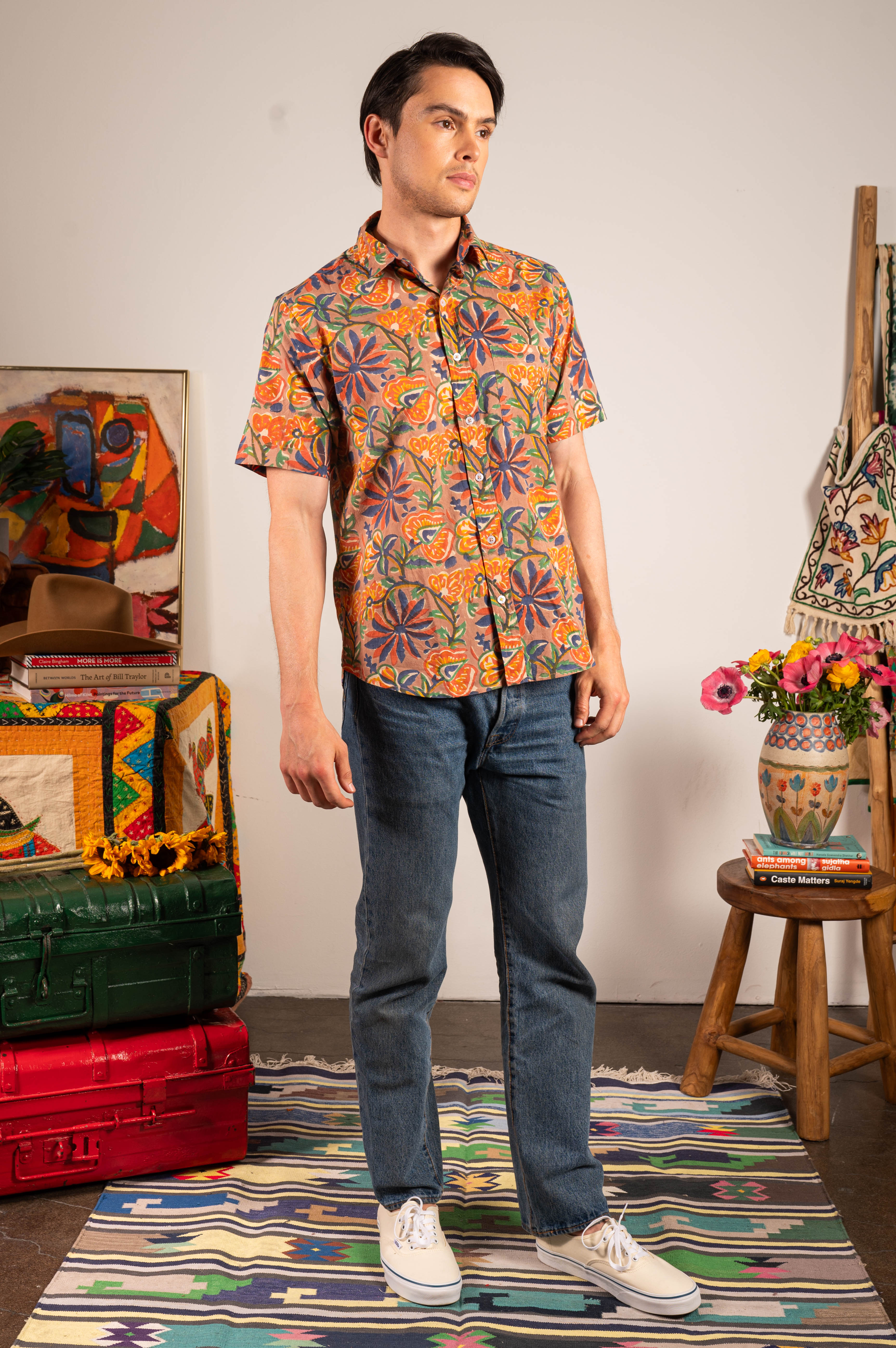 Hand Block Printed 'The Folk' Short Sleeve Shirt in Garden of Eden Floral Print