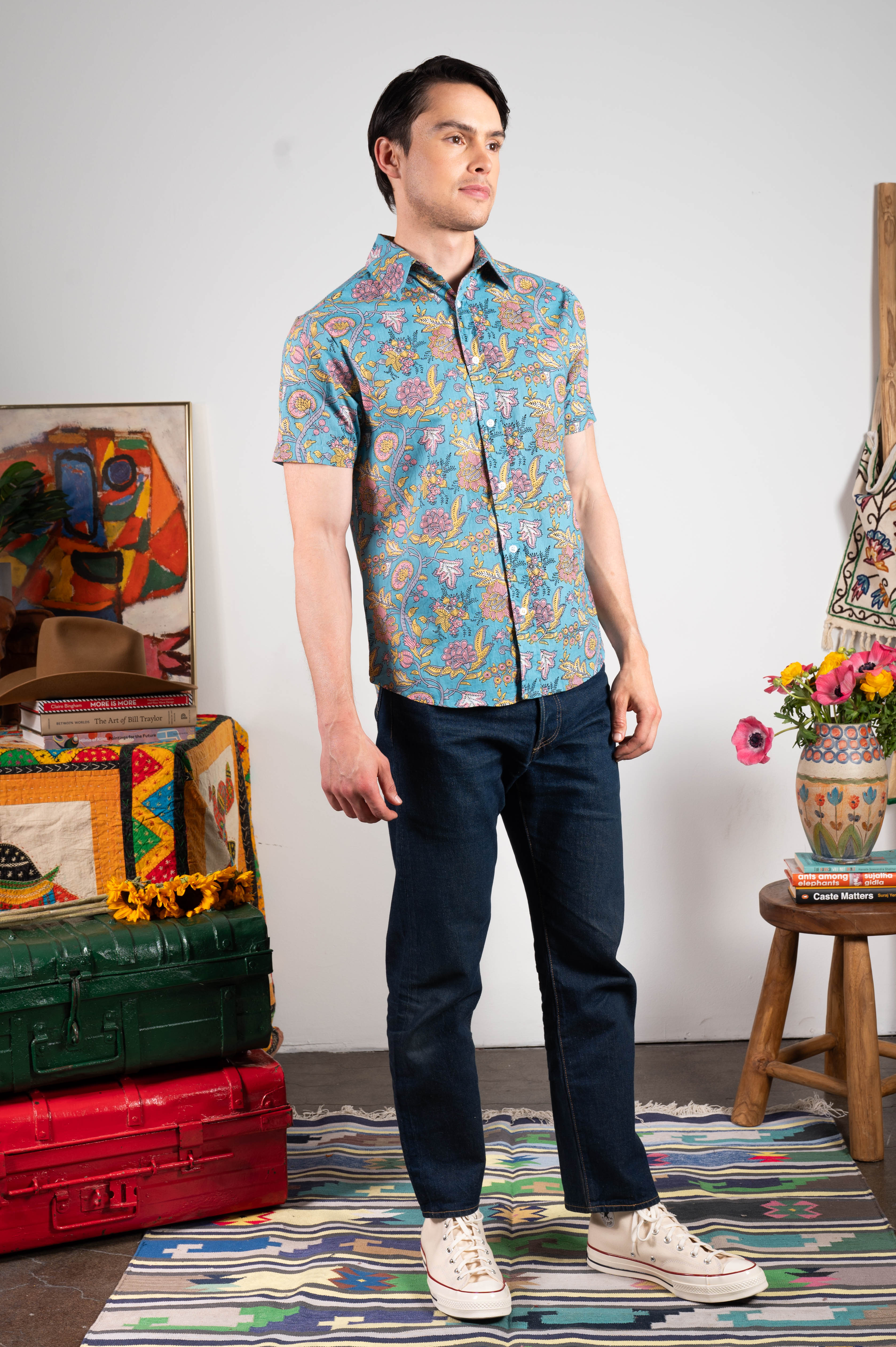 Hand Printed 'The Prat' Short Sleeve Shirt in Light Blue Mughal Floral Print