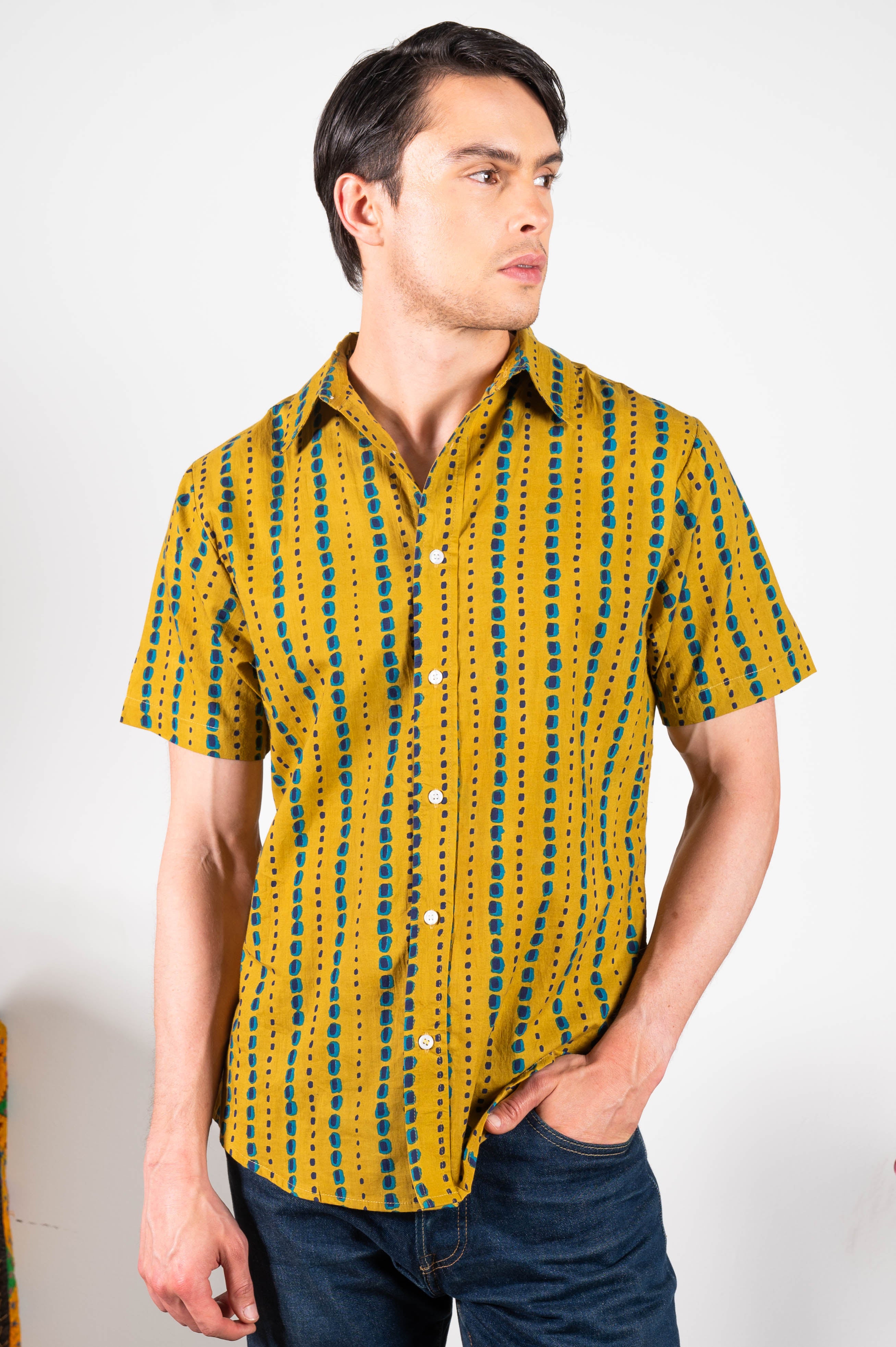 Dushyant. Hand Printed The Sheril Short Sleeve Shirt in Mustard and Teal Print M