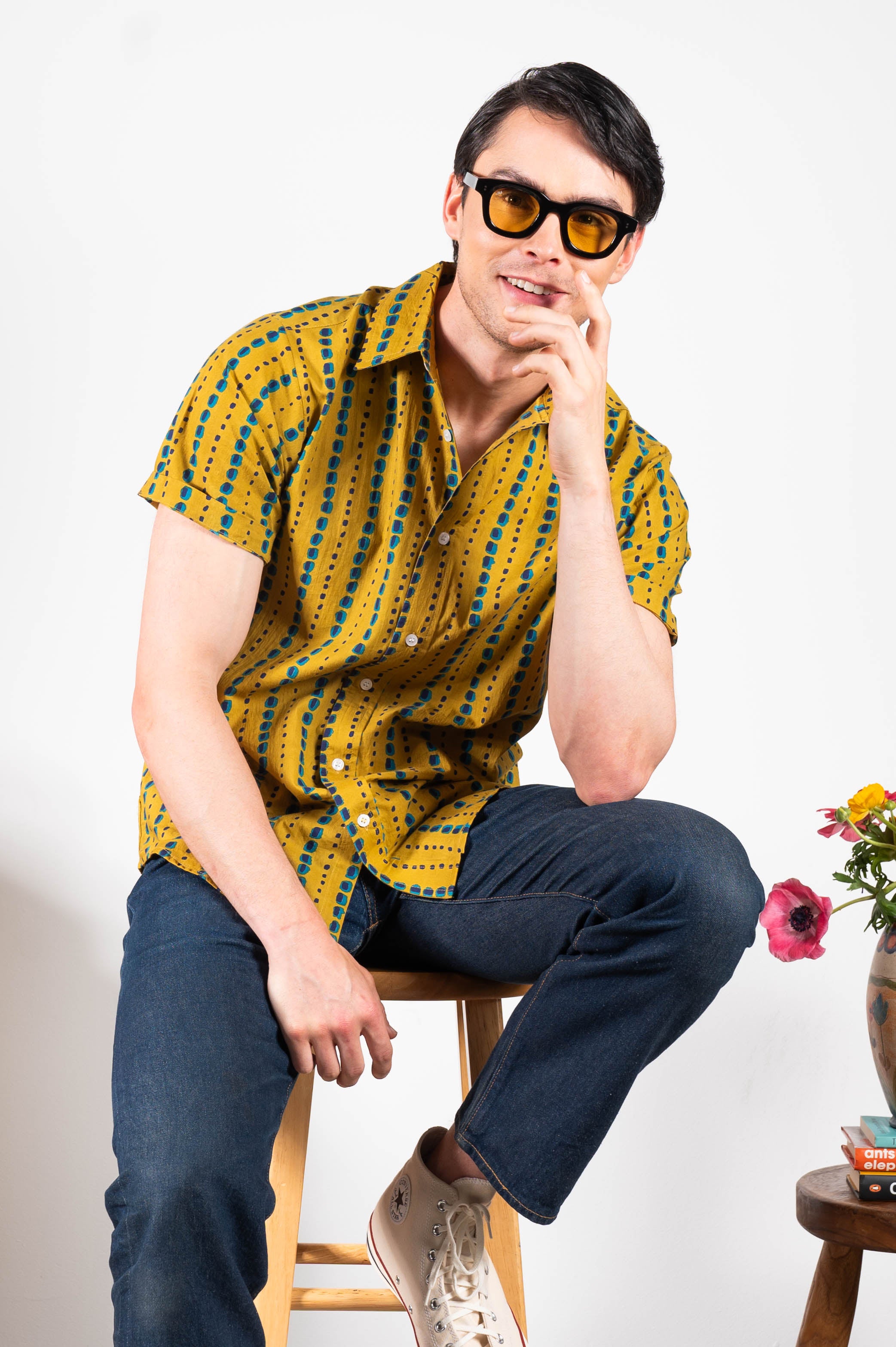 Hand Printed 'The Sheril' Short Sleeve Shirt in Mustard and Teal Print