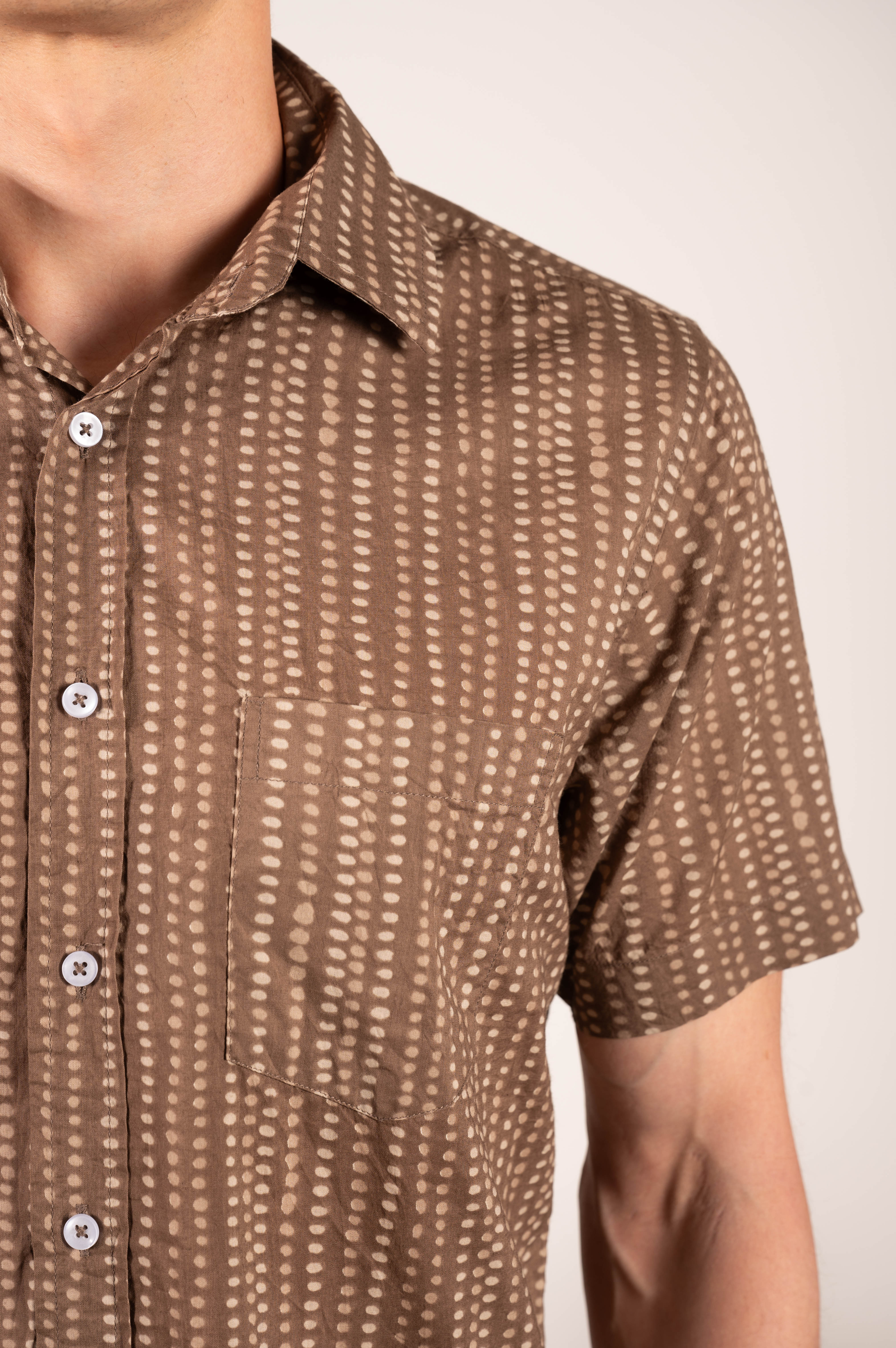 Hand Printed 'The Folk' Short Sleeve Shirt in Brown Bubbles Print