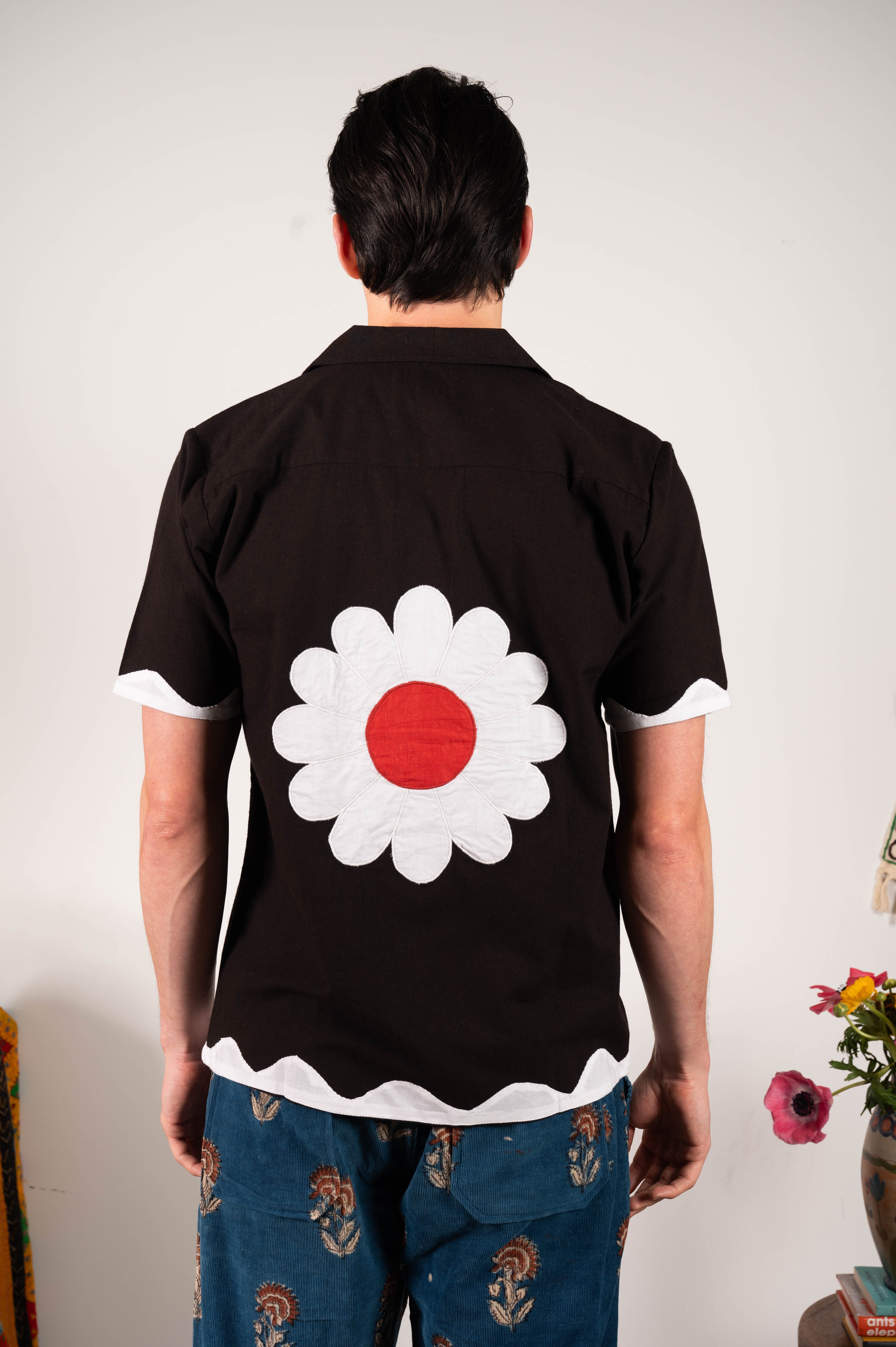 'The Don' Camp Collar Shirt in Black Flower Appliqué