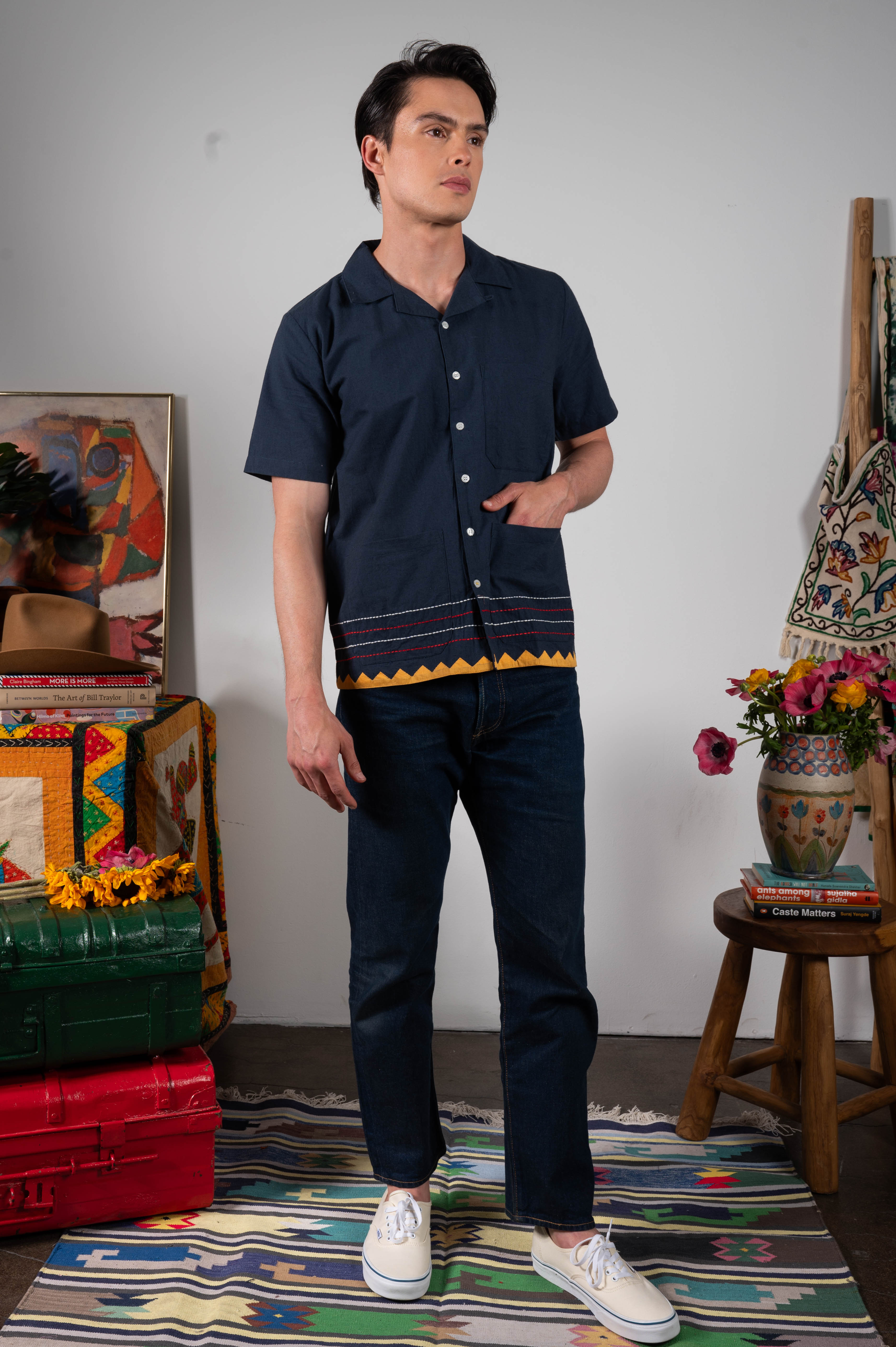 'The Don' Camp Collar Shirt in Navy Appliqué and Embroidery