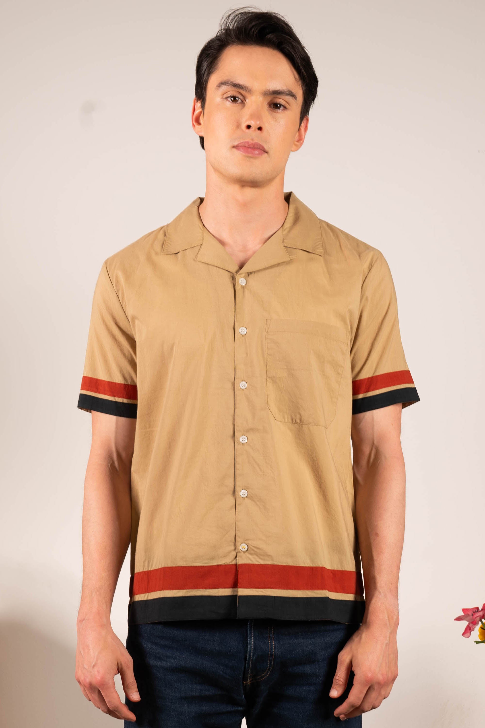 'The Don' Camp Collar Shirt in Khaki Ivy Stripe