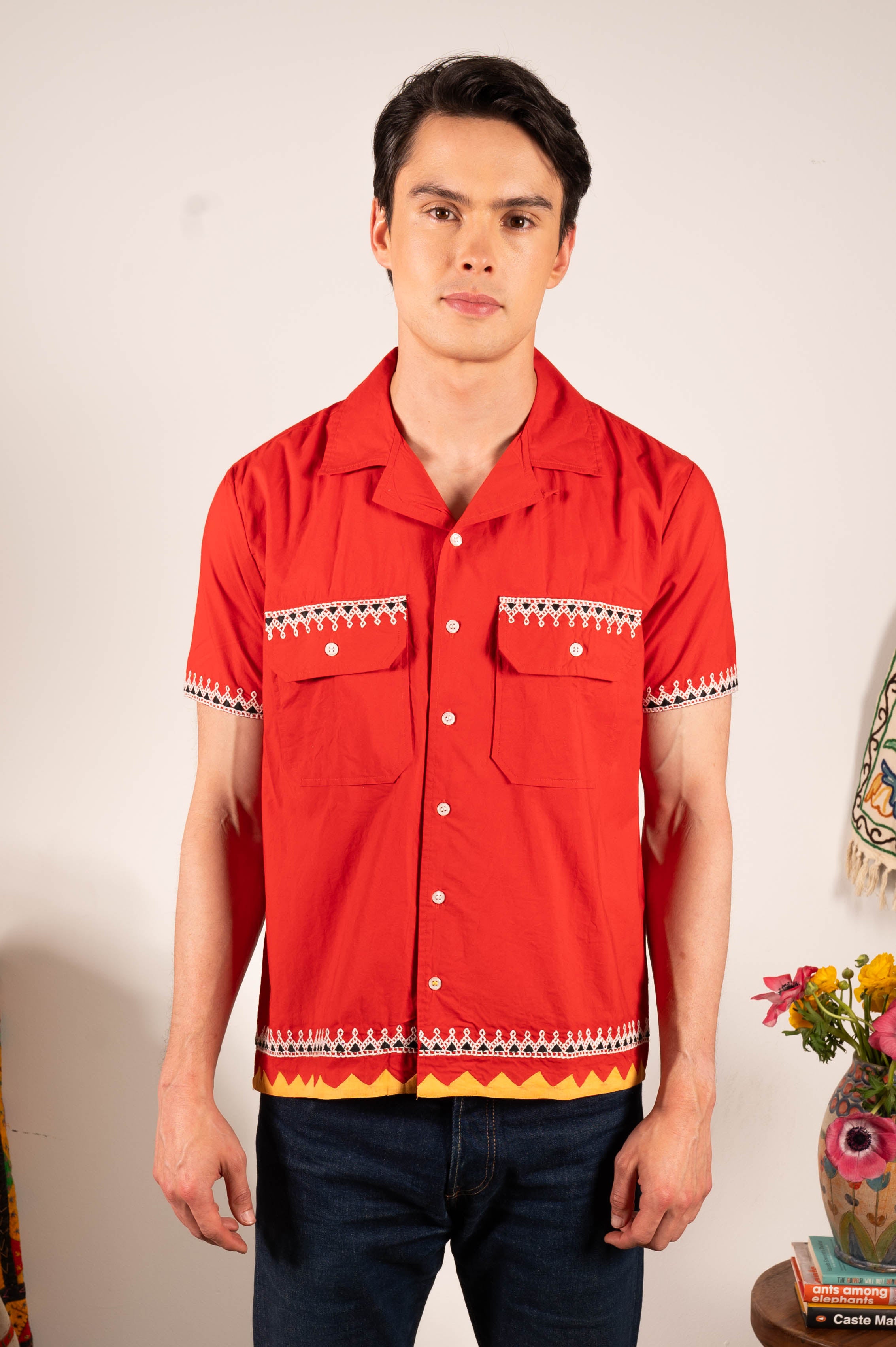 'The Don' Camp Collar Shirt in Red Tribal Embroidery