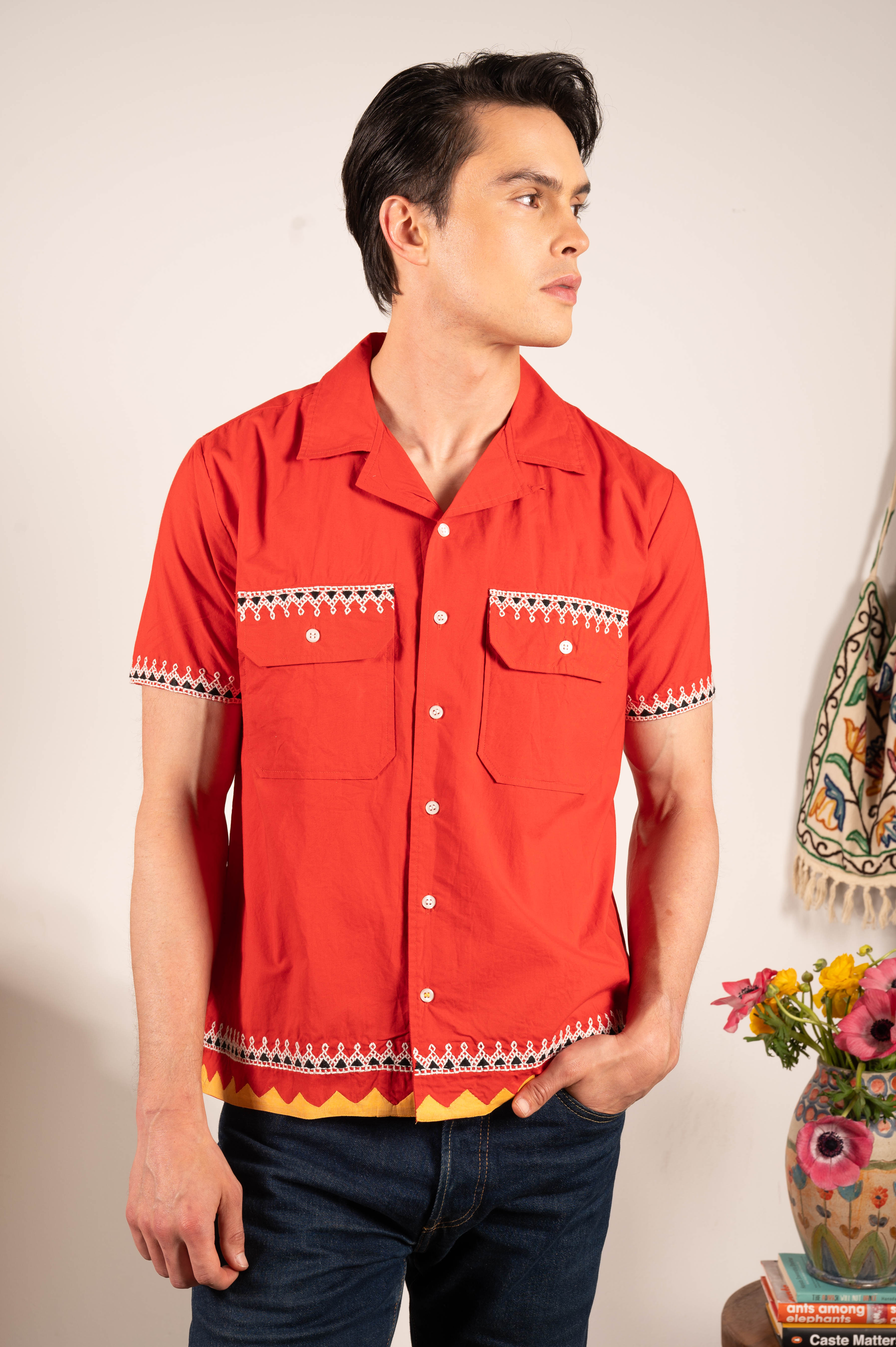 'The Don' Camp Collar Shirt in Red Tribal Embroidery