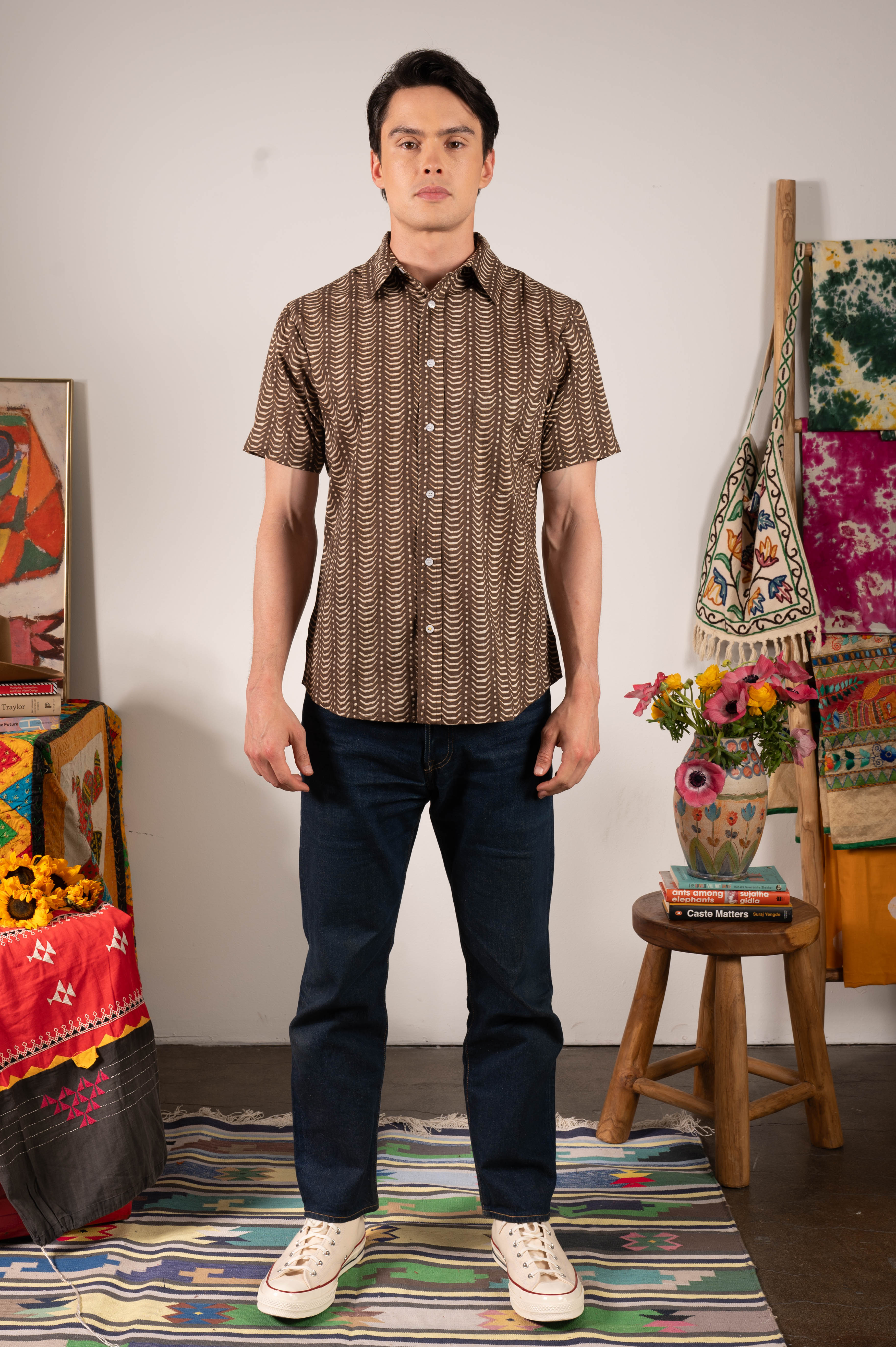 Hand Printed 'The Folk' Short Sleeve Shirt in Brown Zig-Zag Print