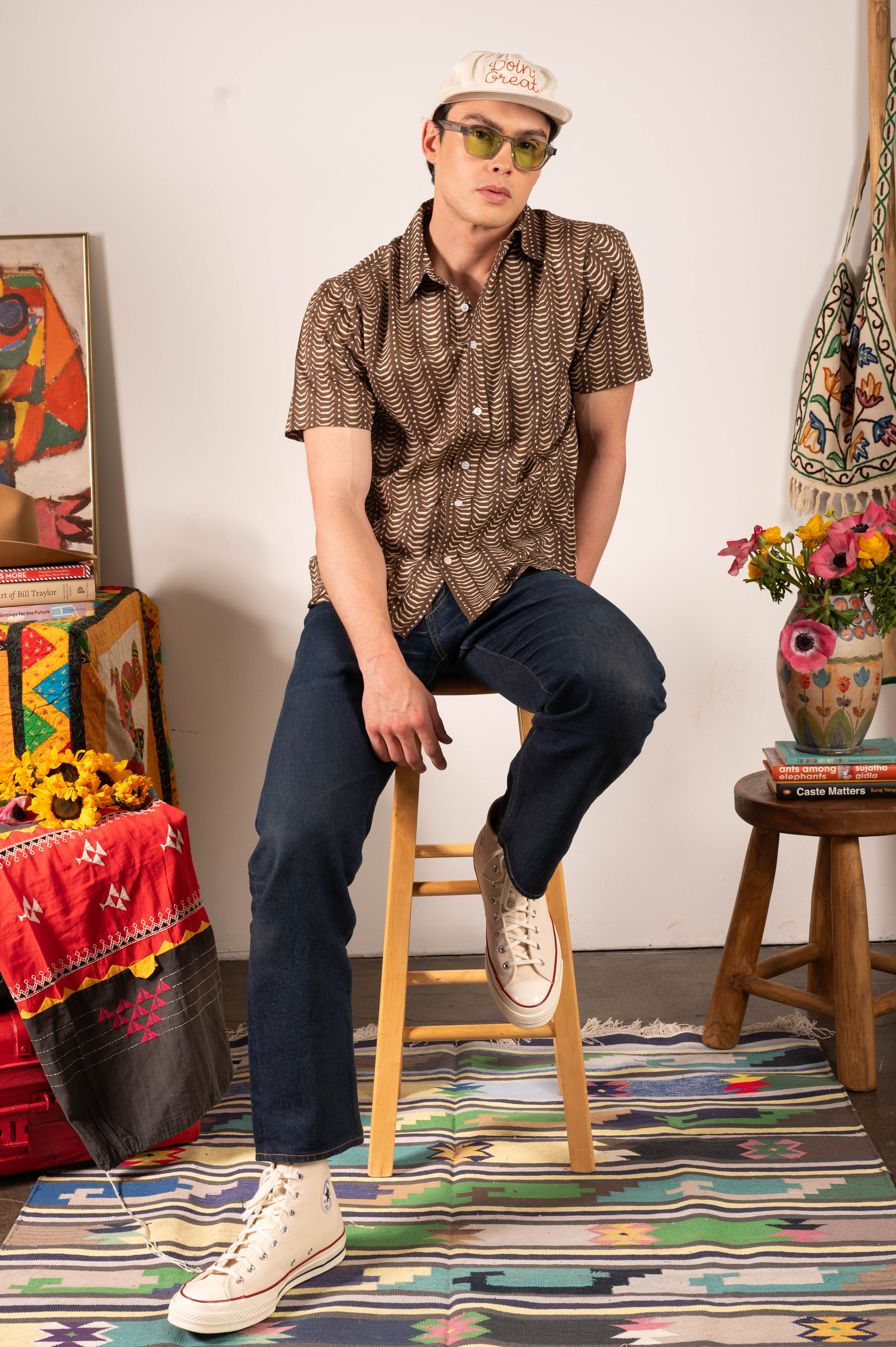 Hand Printed 'The Folk' Short Sleeve Shirt in Brown Zig-Zag Print