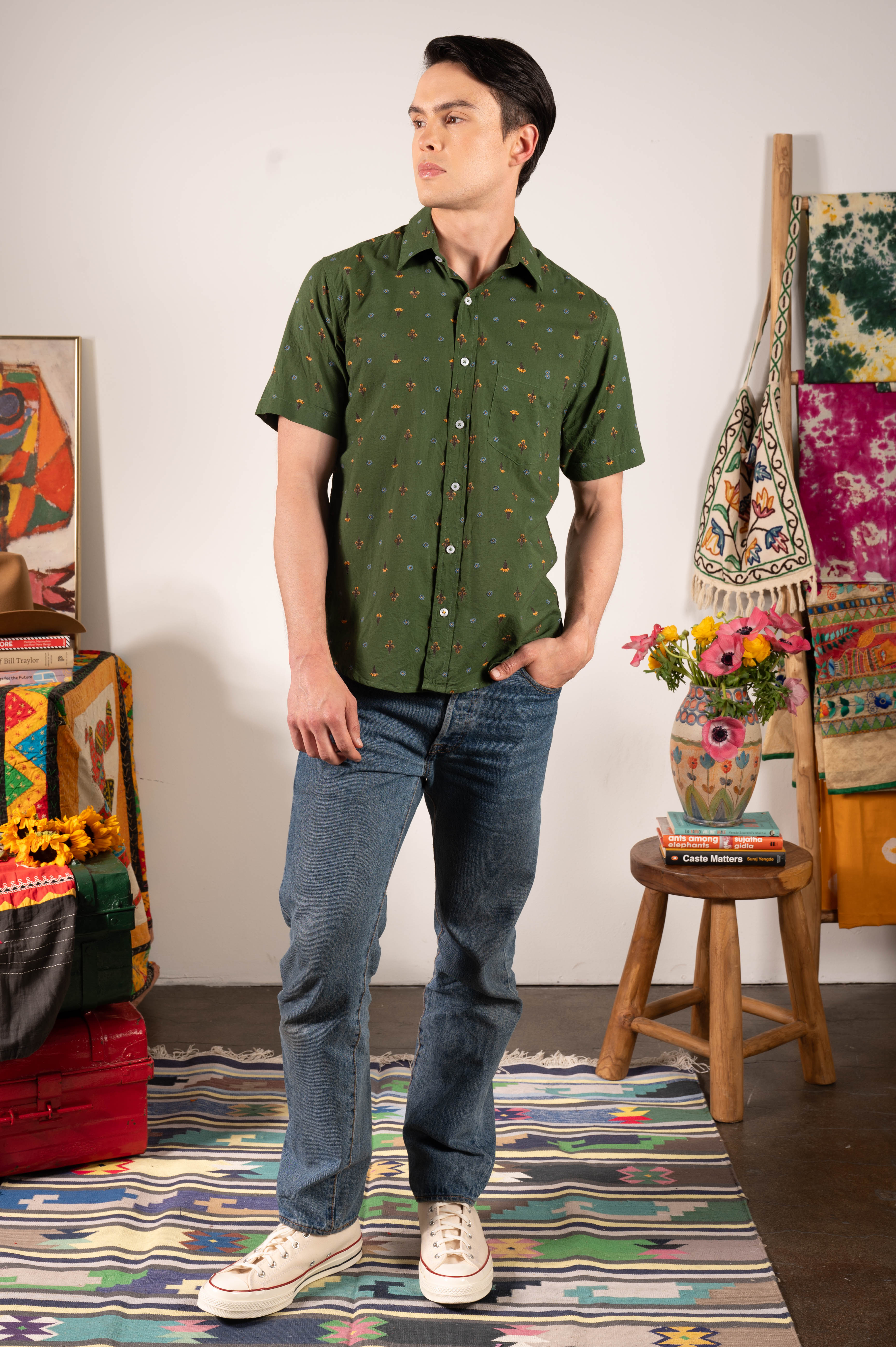 Hand Printed 'The Folk' Short Sleeve Shirt in Green Mini Floral Print