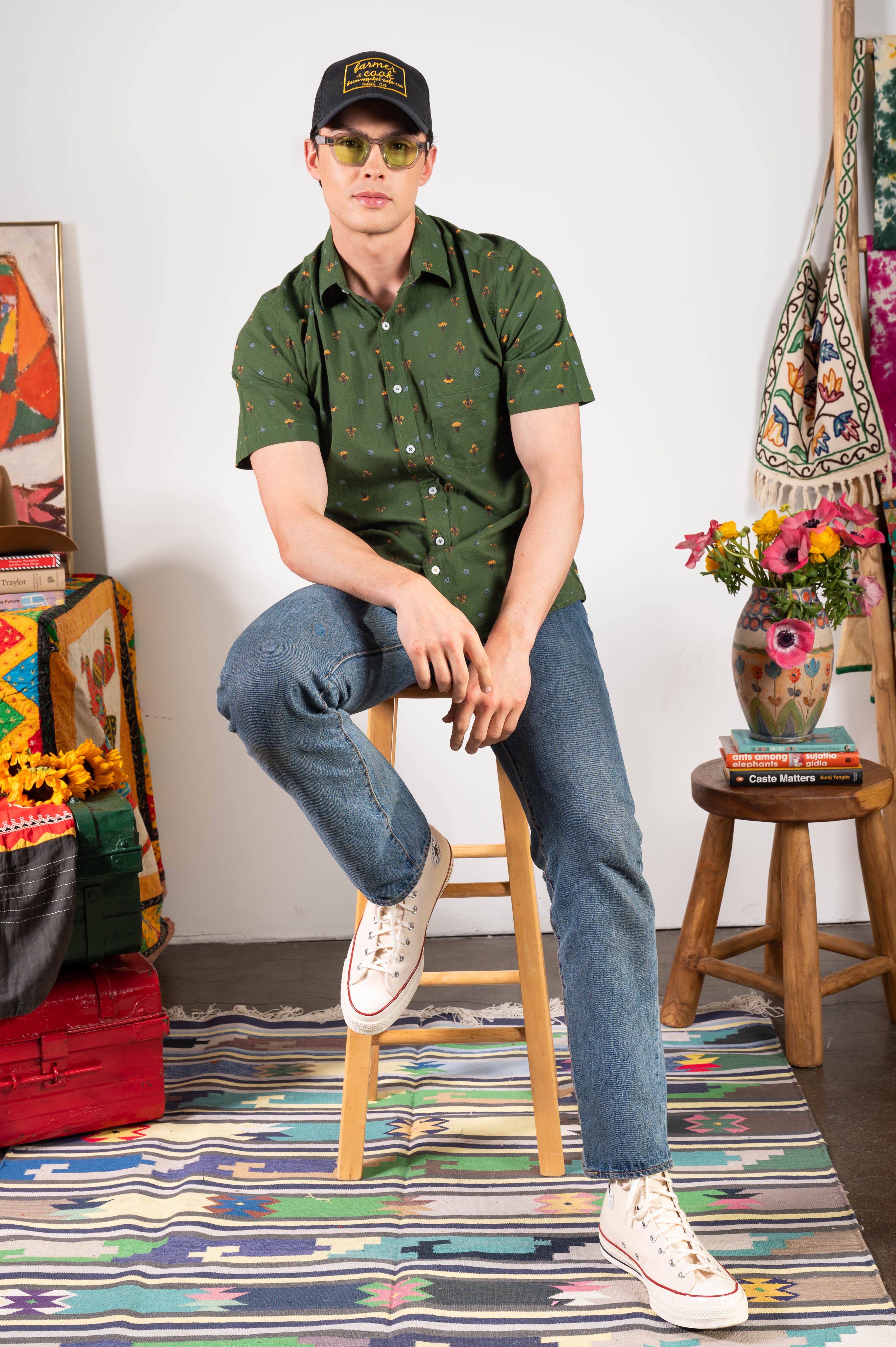 Hand Printed 'The Folk' Short Sleeve Shirt in Green Mini Floral Print