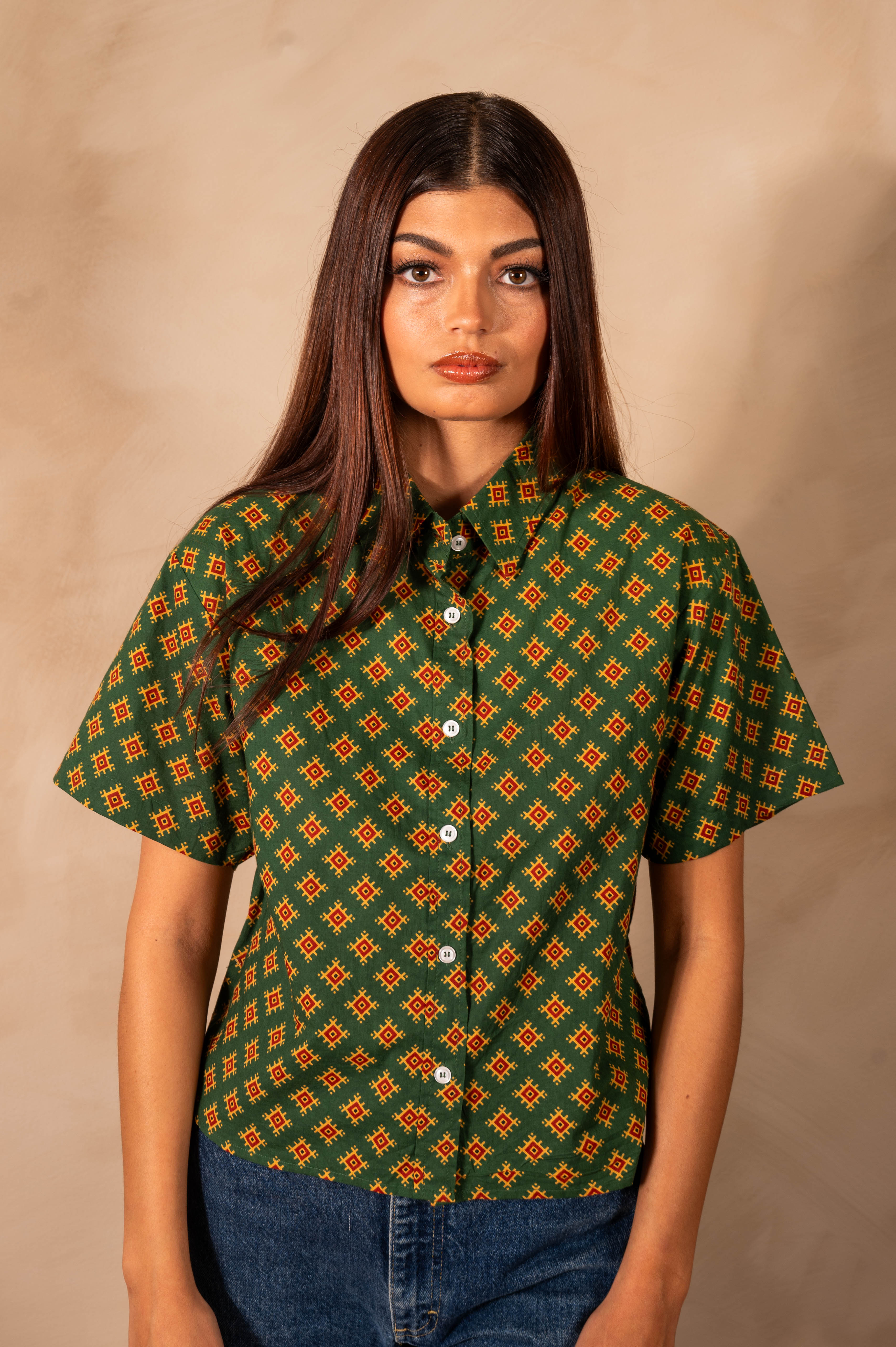 'The Michelle' Hand Printed Short Sleeve Shirt in Green and Gold Motif Print
