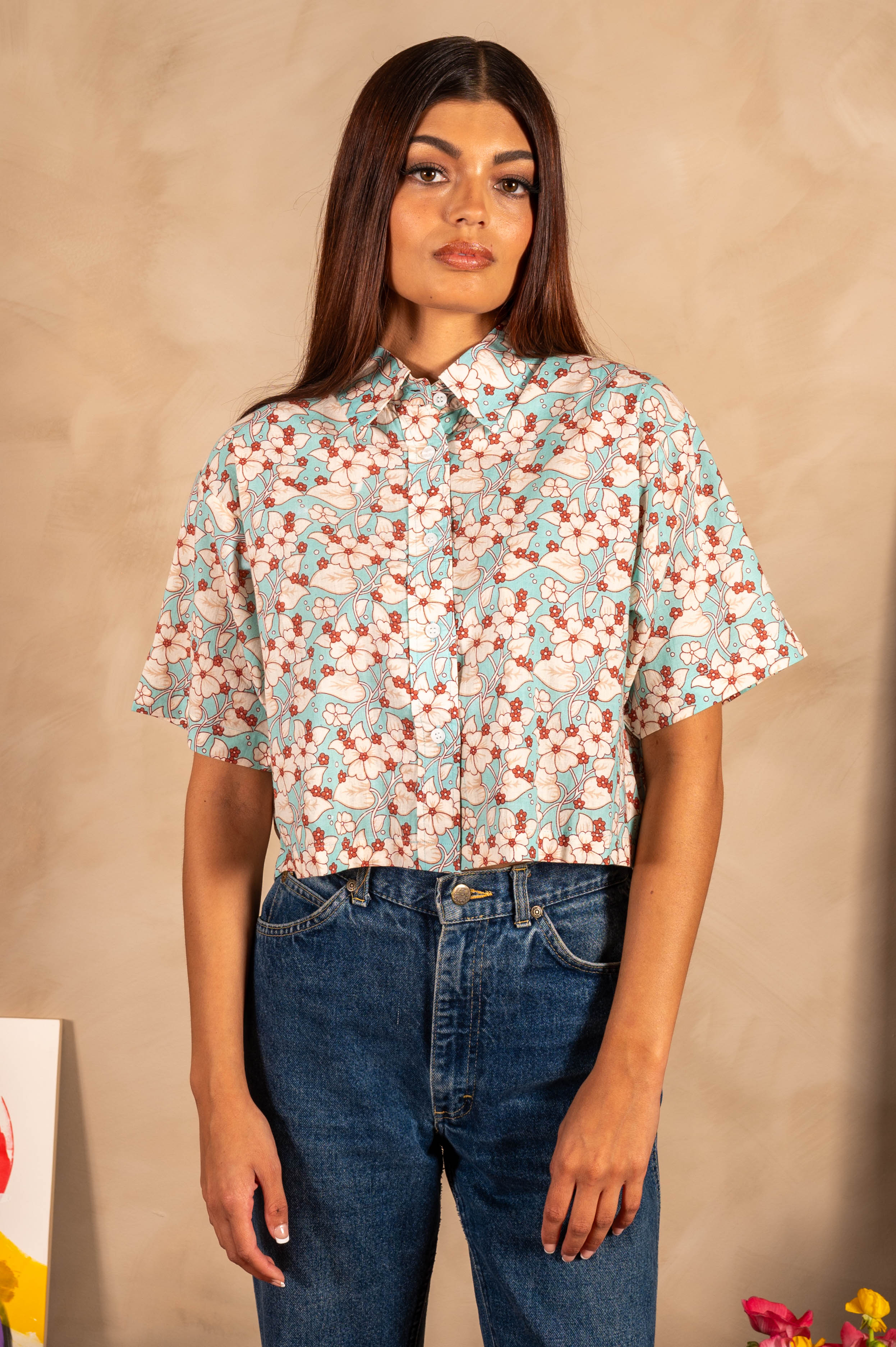 Hand Printed 'The Cami' Crop Shirt in Turquoise and White Floral