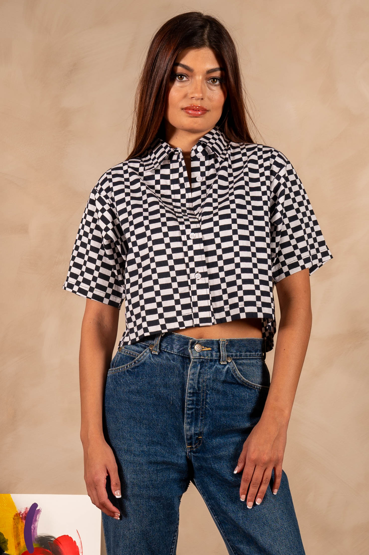 Hand Printed 'The Cami' Crop Shirt in Checkers Twill