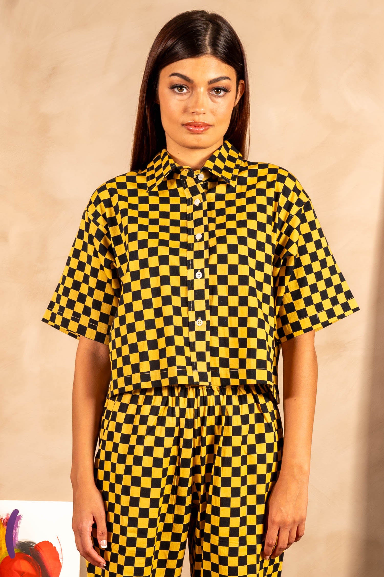 Hand Printed 'The Cami' Crop Shirt in Yellow and Black Checkers