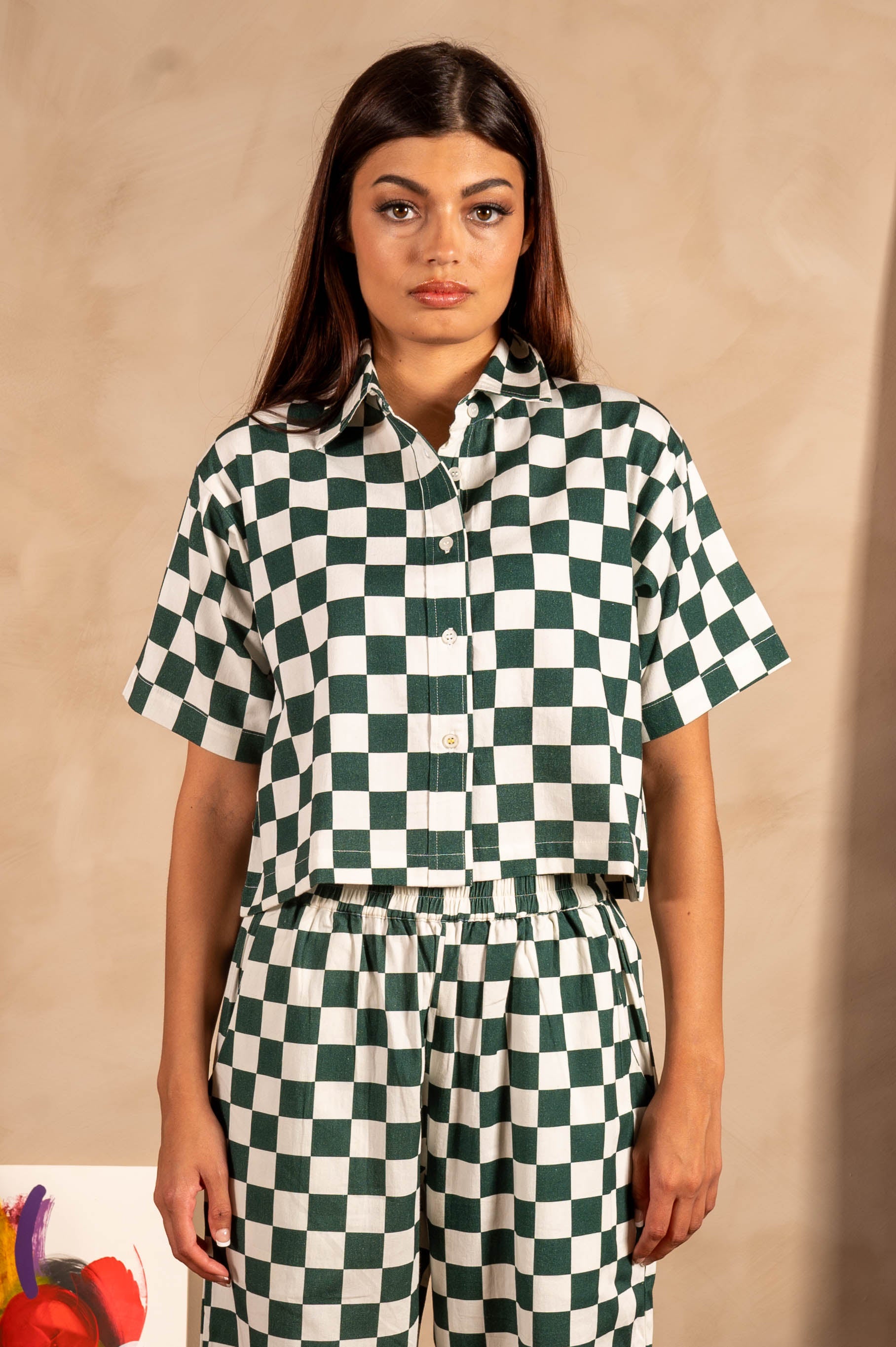 Hand Printed 'The Cami' Crop Shirt in Green and White Chessboard