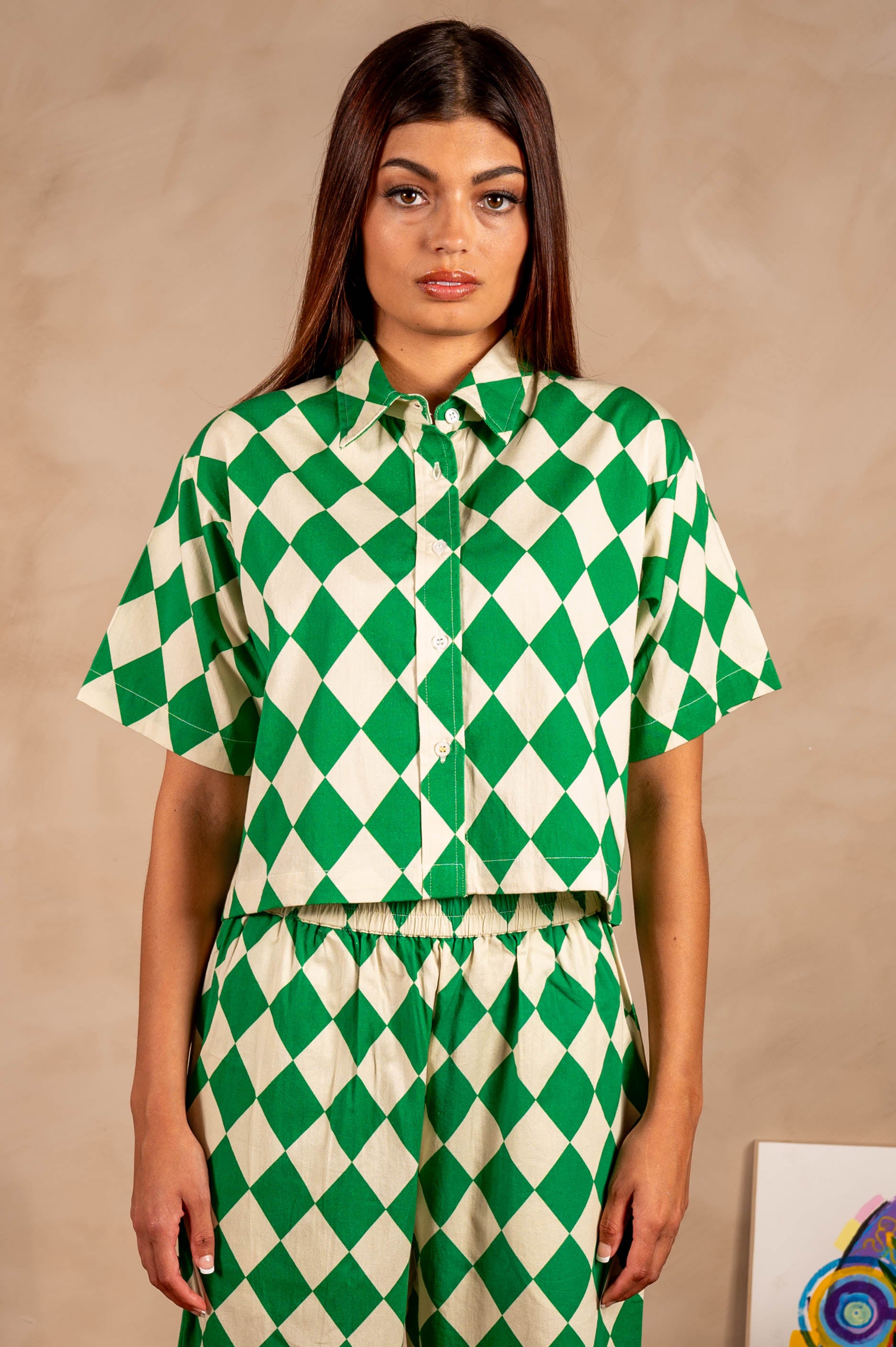Hand Printed 'The Cami' Crop Shirt in Green and Beige Rhombus