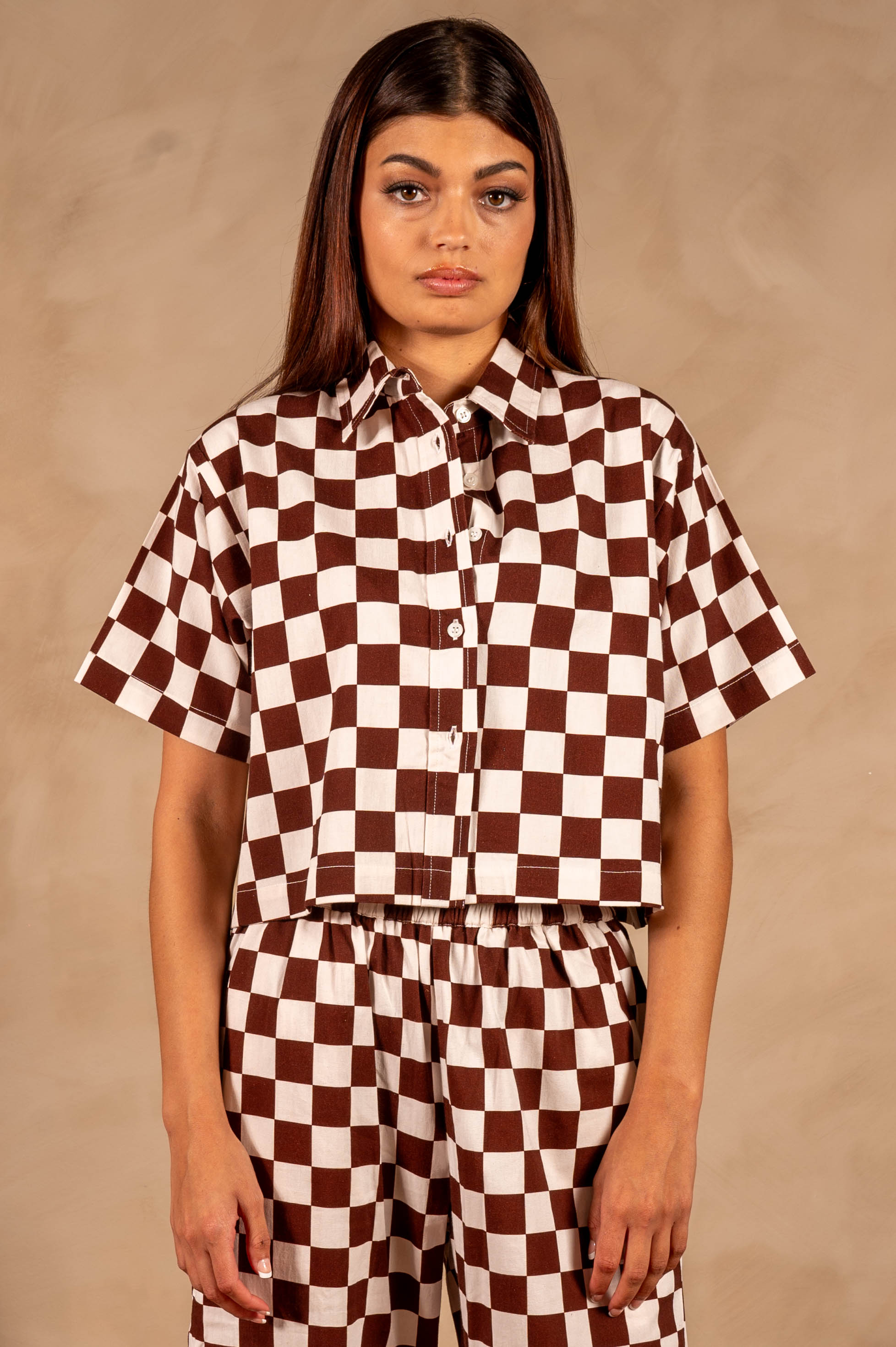 Hand Printed 'The Cami' Crop Shirt in Chocolate and White Chessboard