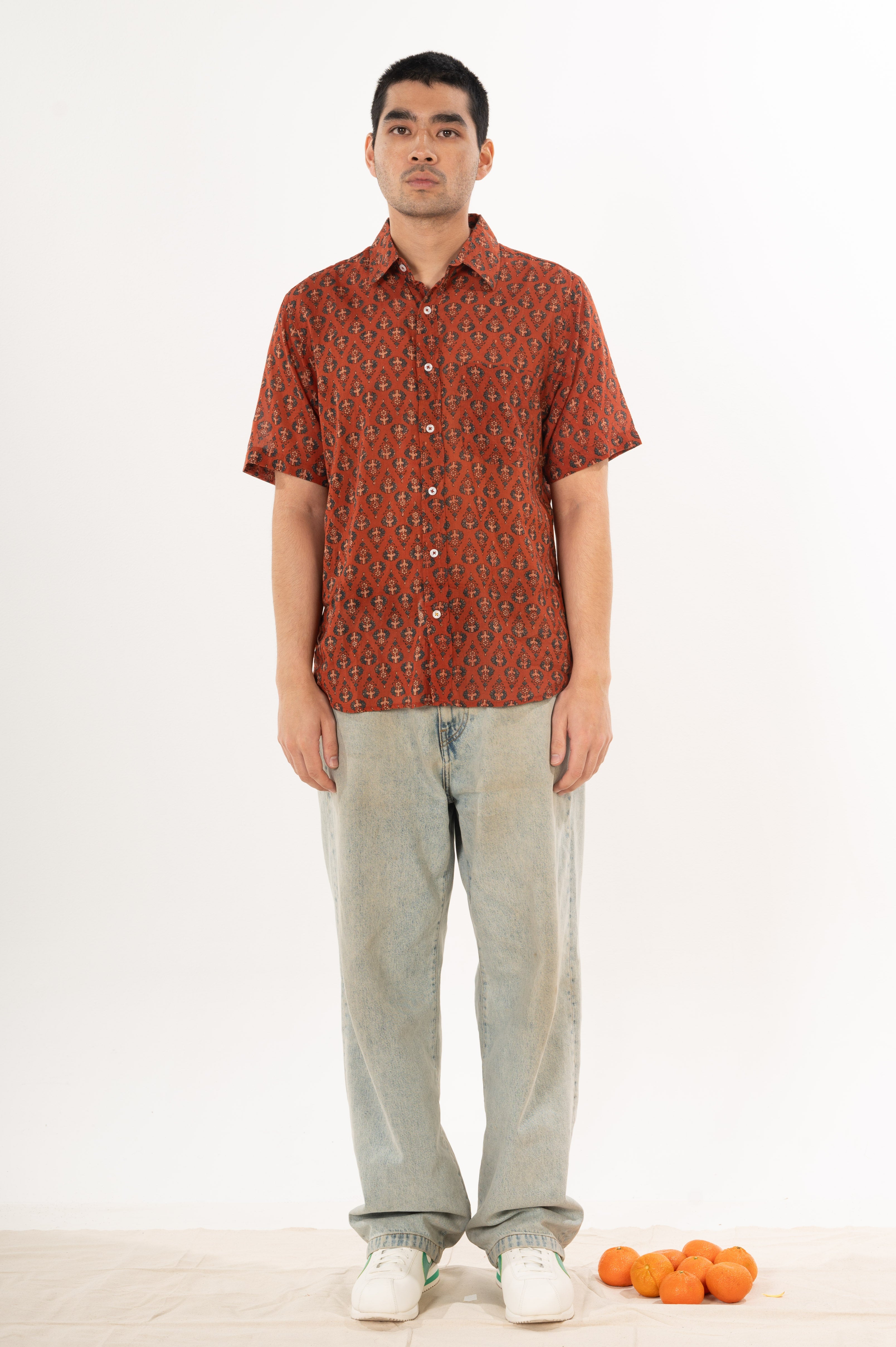 Hand Block Printed 'The Folk' Short Sleeve Shirt in Rust and Blue Motif