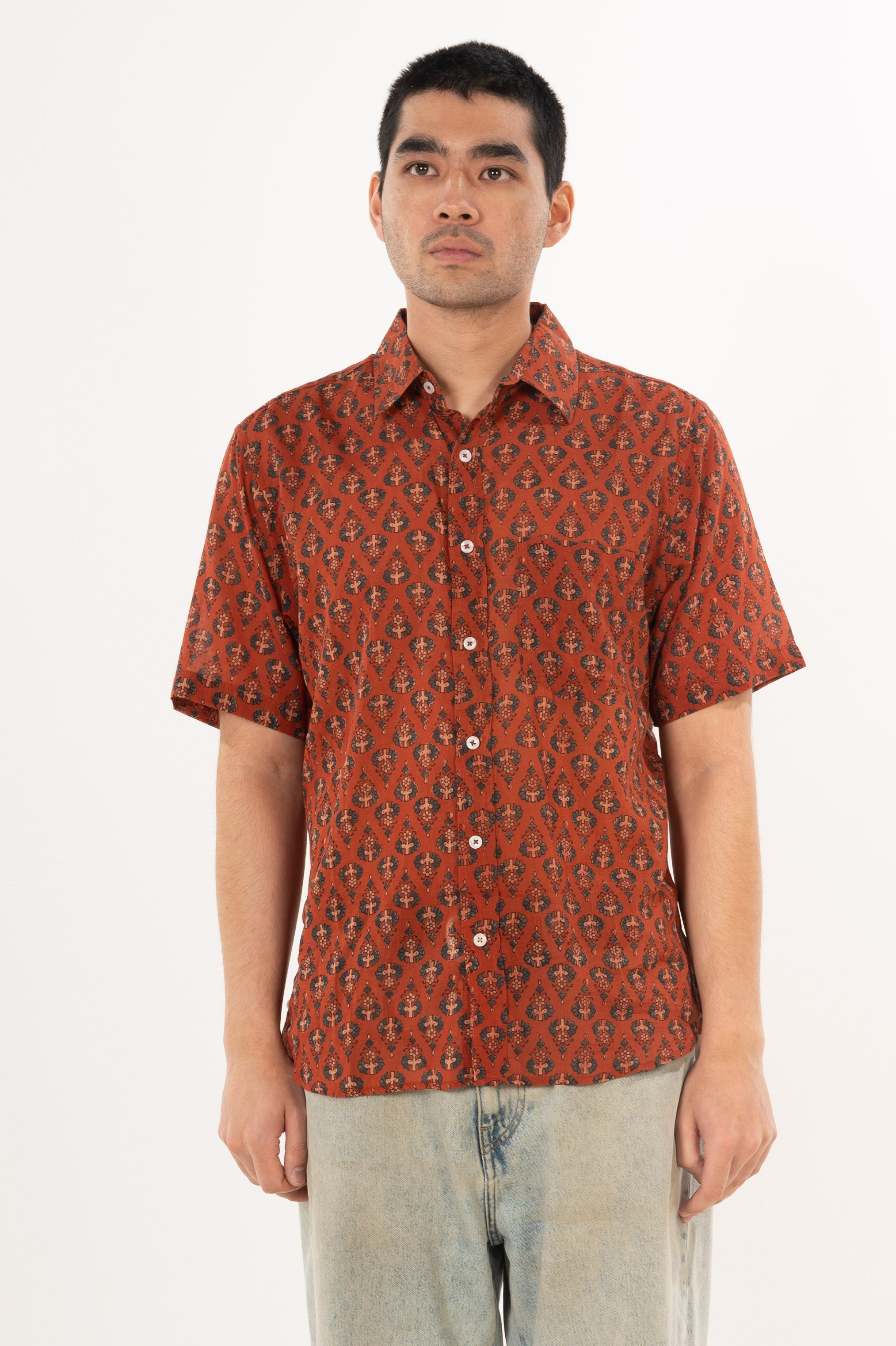 Hand Block Printed 'The Folk' Short Sleeve Shirt in Rust and Blue Motif