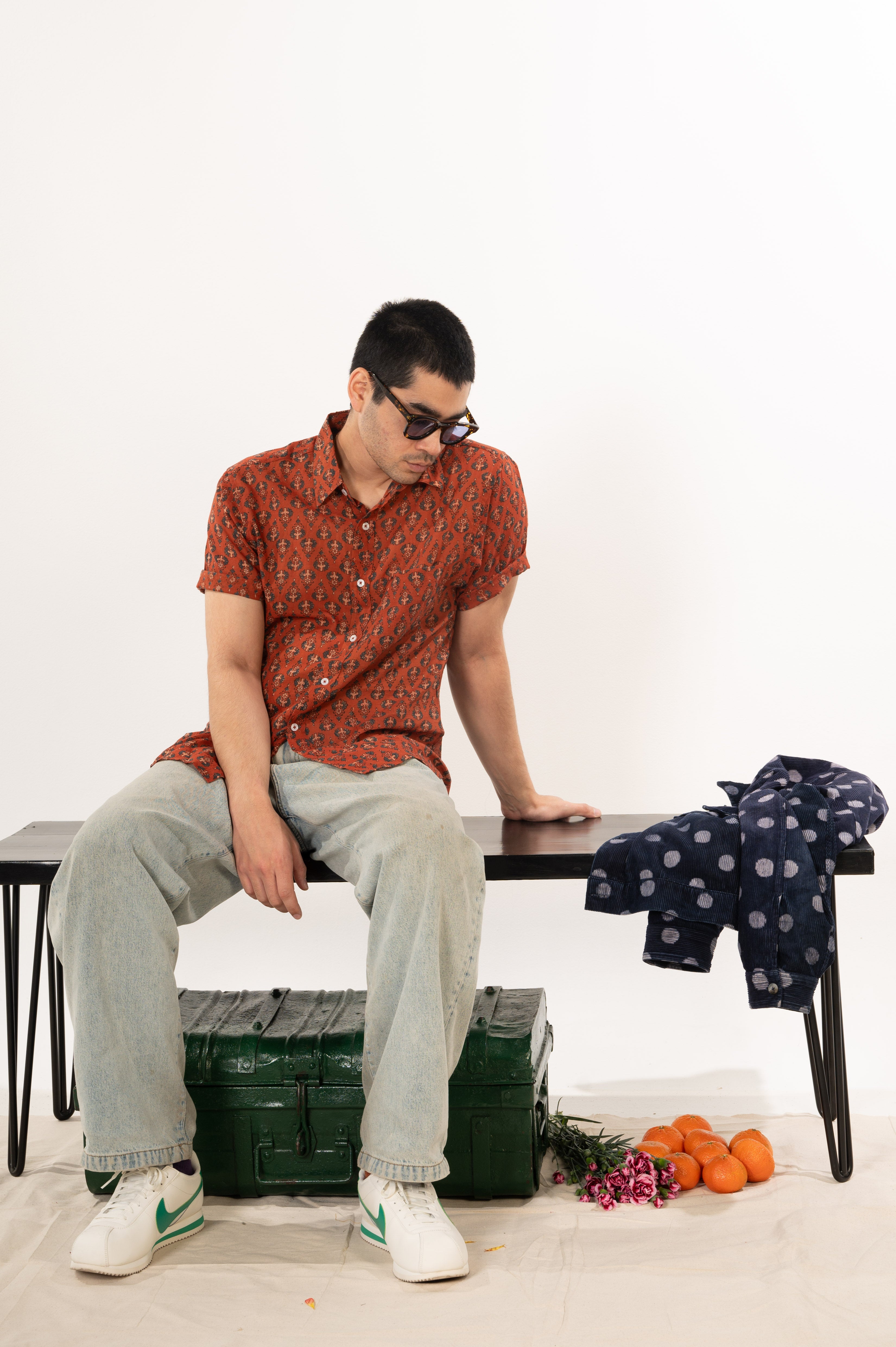 Hand Block Printed 'The Folk' Short Sleeve Shirt in Rust and Blue Motif