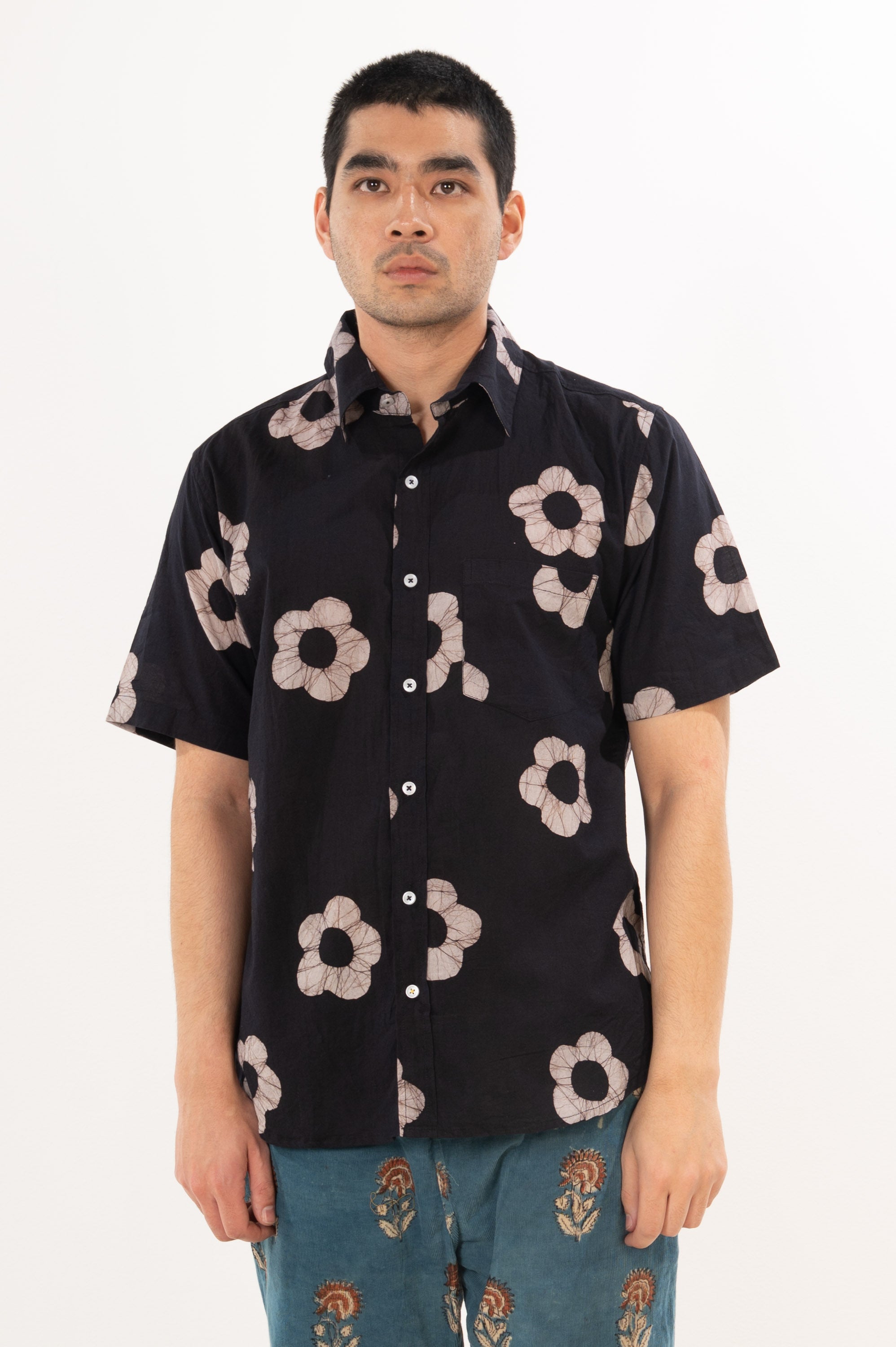 'The Folk' Short Sleeve Shirt in Black Rose - Hand Block Printed