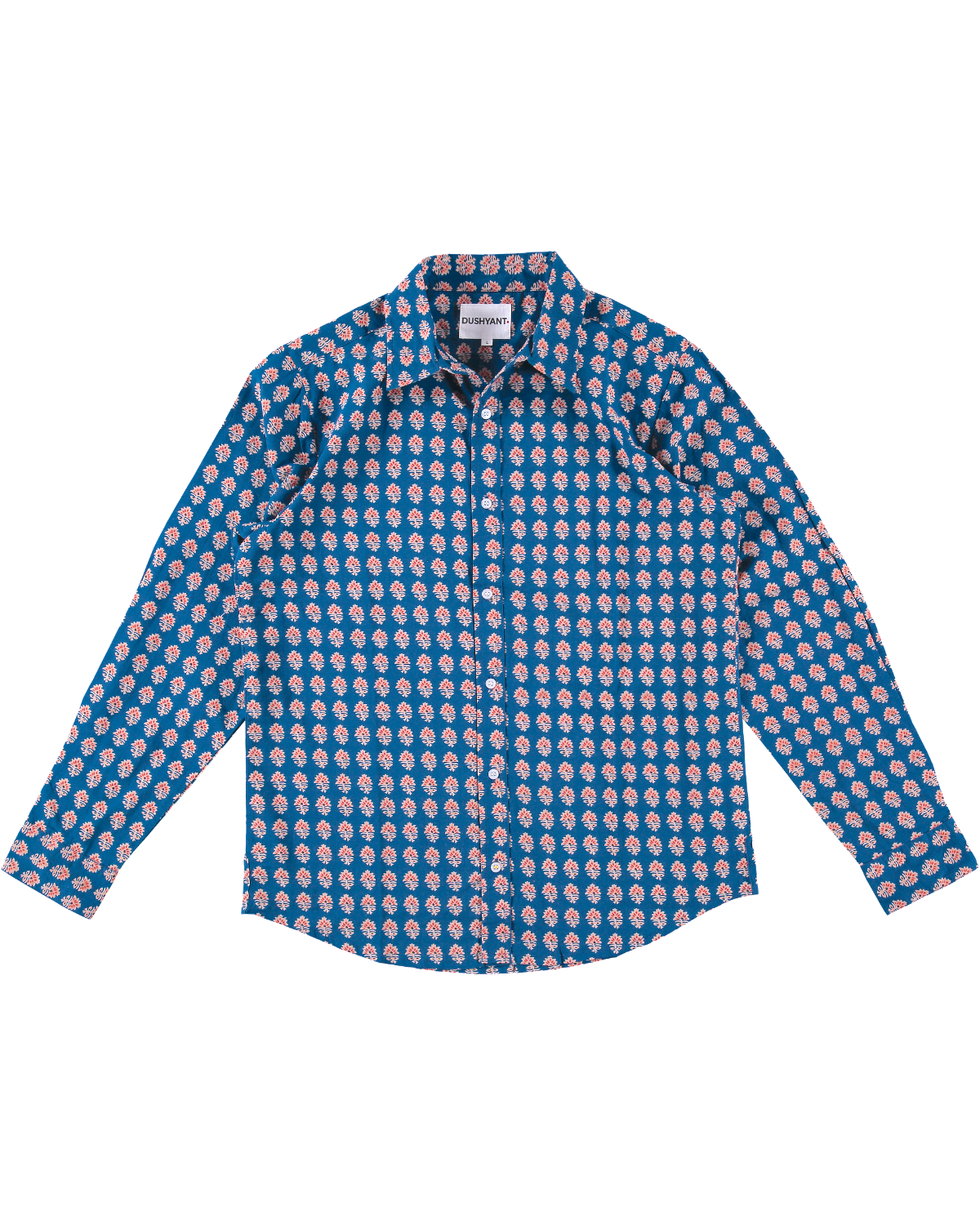 Hand Printed 'The Amir' Long Sleeve Shirt in Blue and Red Motif