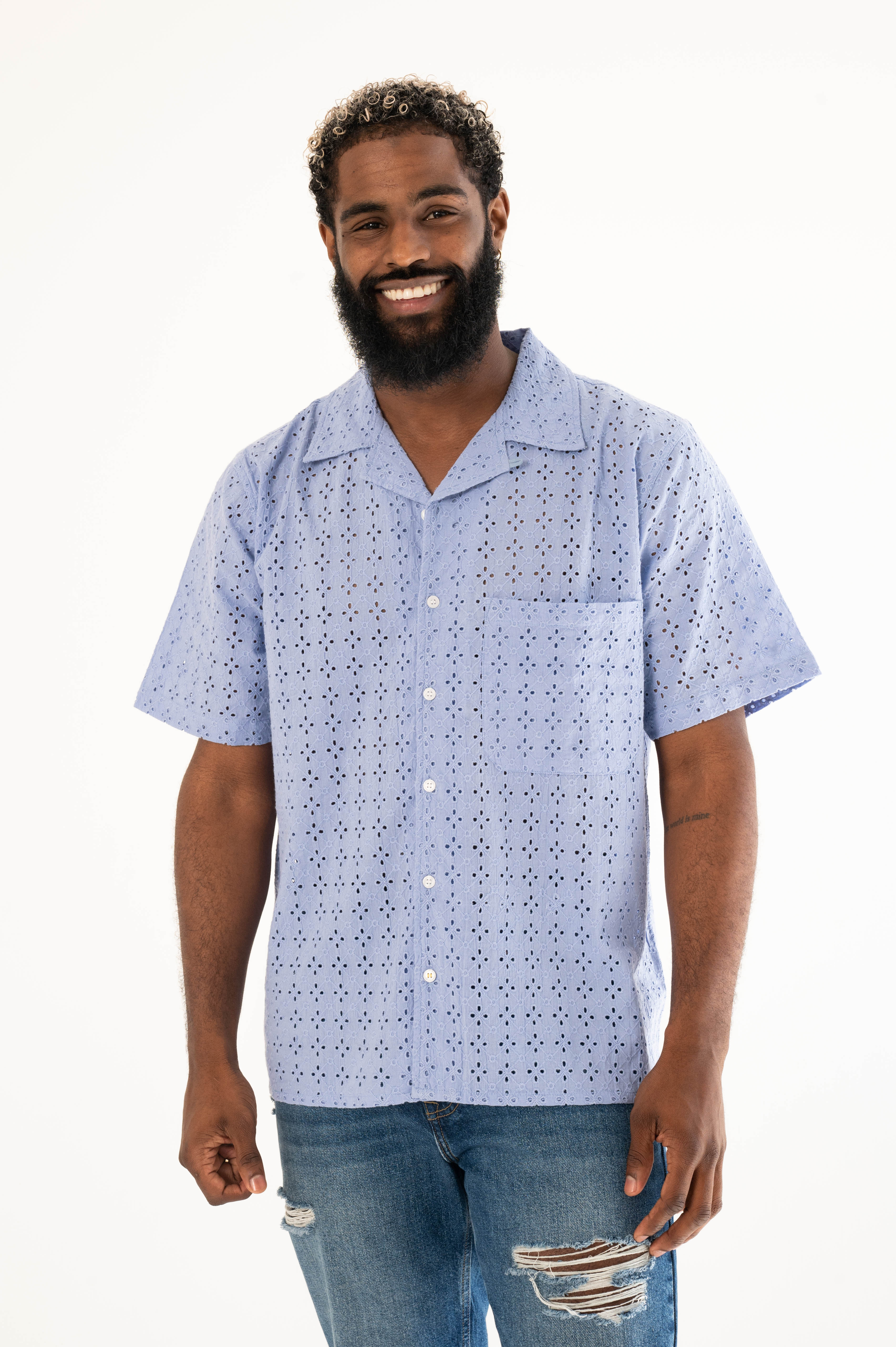 'The Don' Camp Collar Shirt in Periwinkle Blue Eyelet Fabric