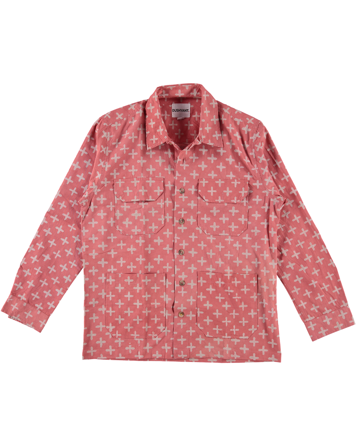 Hand Block Printed Derek Overshirt in Pink Plus Sign Twill