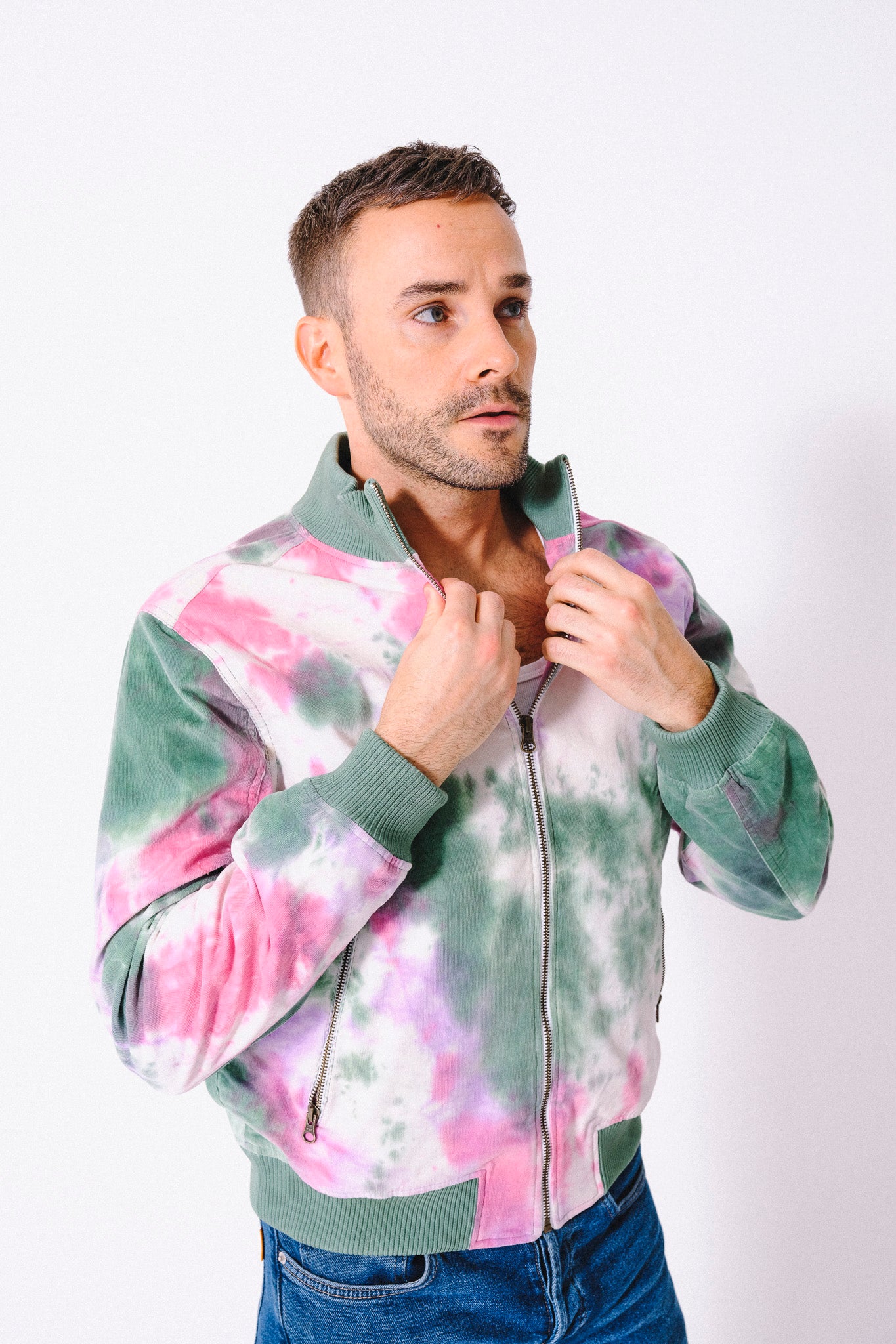 'The Hadi' Bomber Jacket in Green and Pink Tie Dye Corduroy