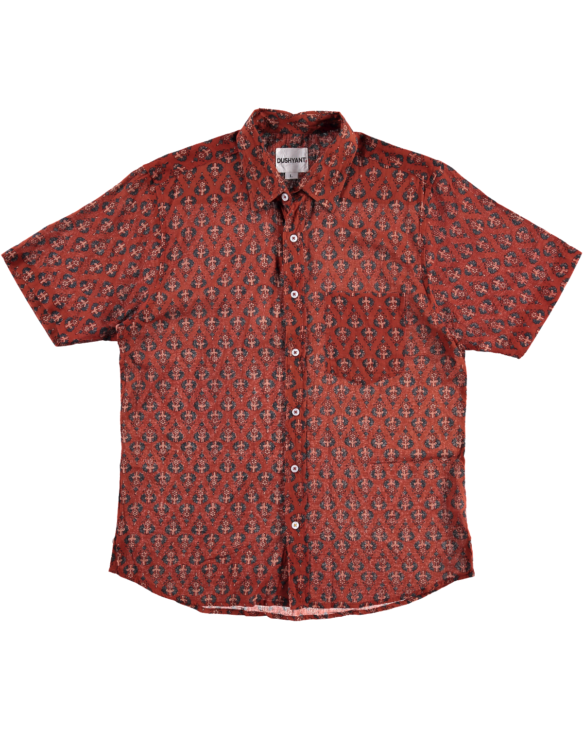 Hand Block Printed 'The Folk' Short Sleeve Shirt in Rust and Blue Motif