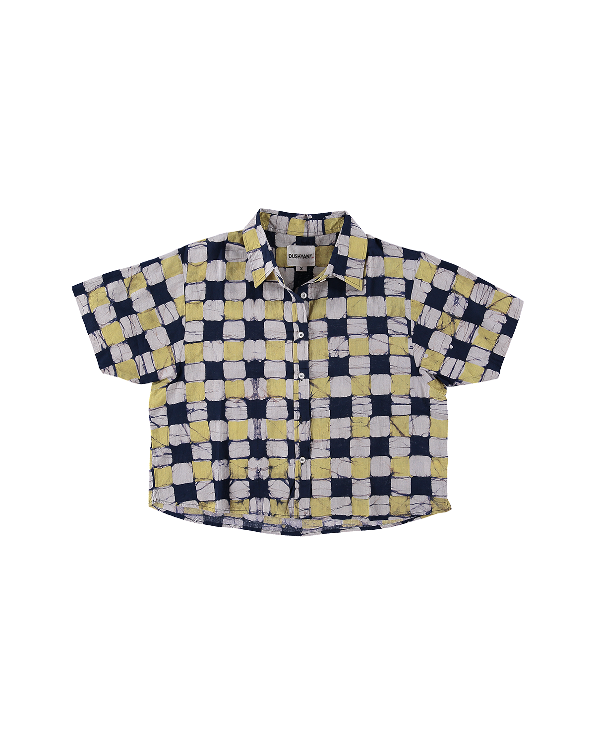 Hand Block Printed 'The Michelle' Shirt in Yellow and Black Chessboard Batik Print