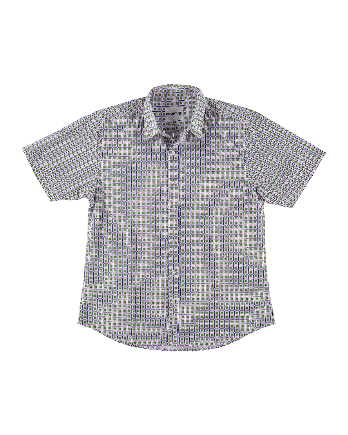 Hand Block Printed 'The Sheril' Short Sleeve Shirt in Neon Green Grid