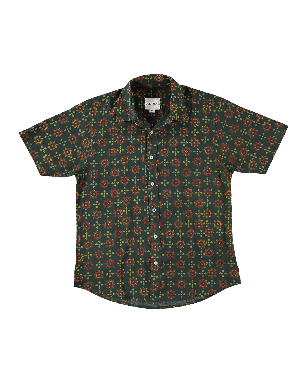 Hand Block Printed 'The Sufi' Short Sleeve Shirt in Green and Red print