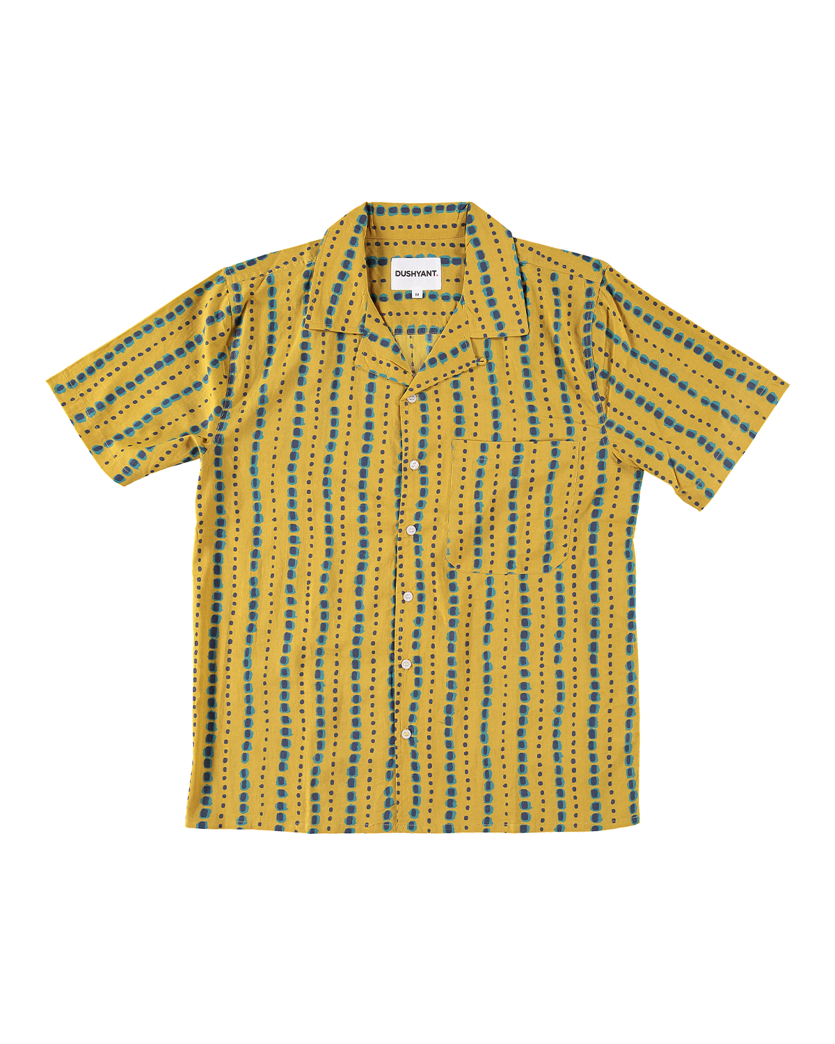 Hand Printed 'The Don' Camp Collar Shirt in Mustard and Teal Motif Print