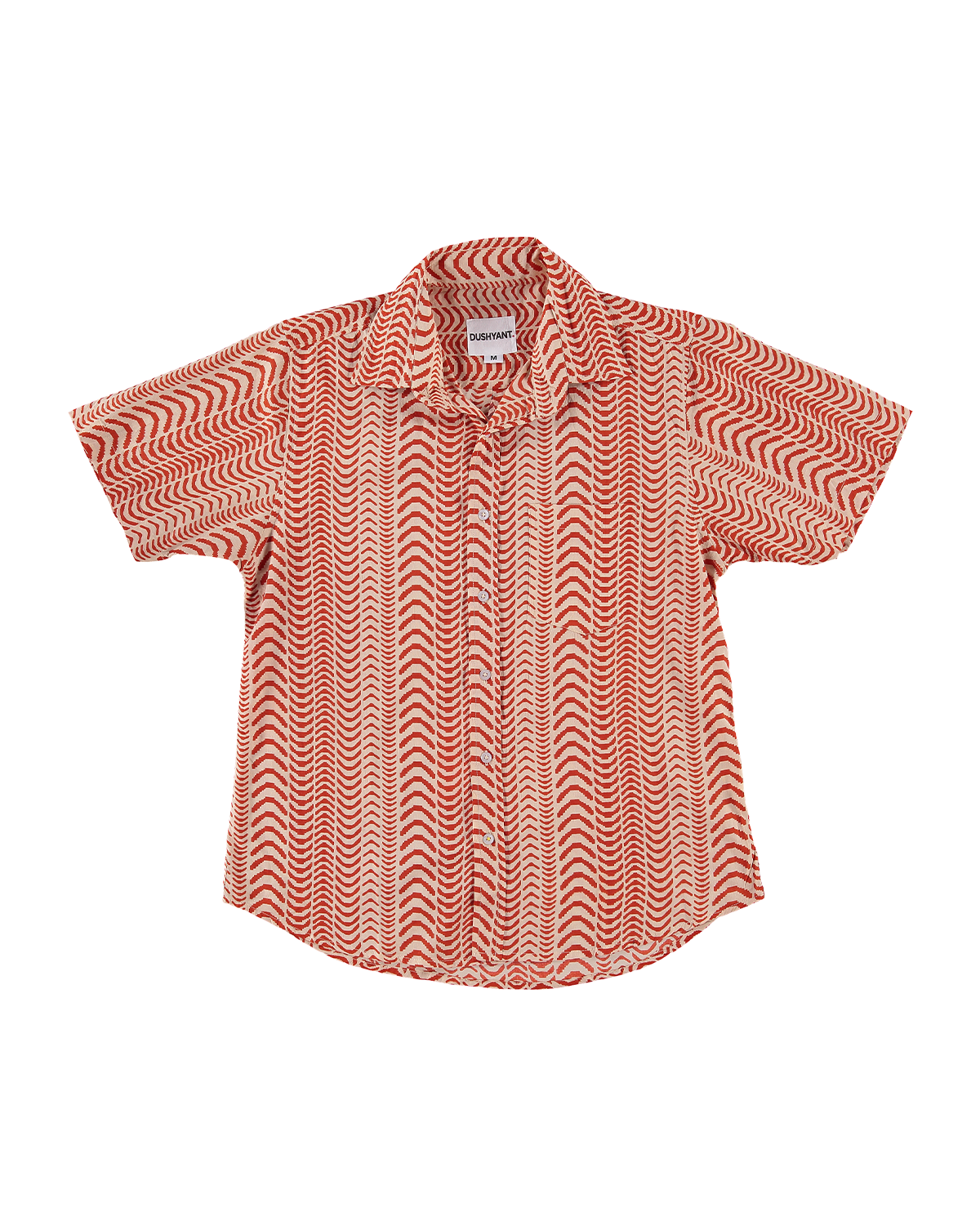 Hand Printed 'The Folk' Short Sleeve Shirt in Beige and Red Zig Zag Print