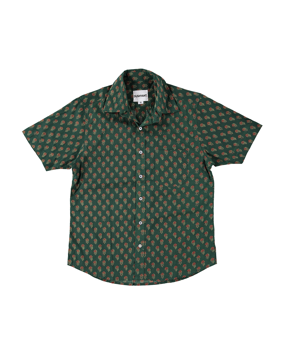 Hand Printed 'The Folk' Short Sleeve Shirt in Green Rose Motif