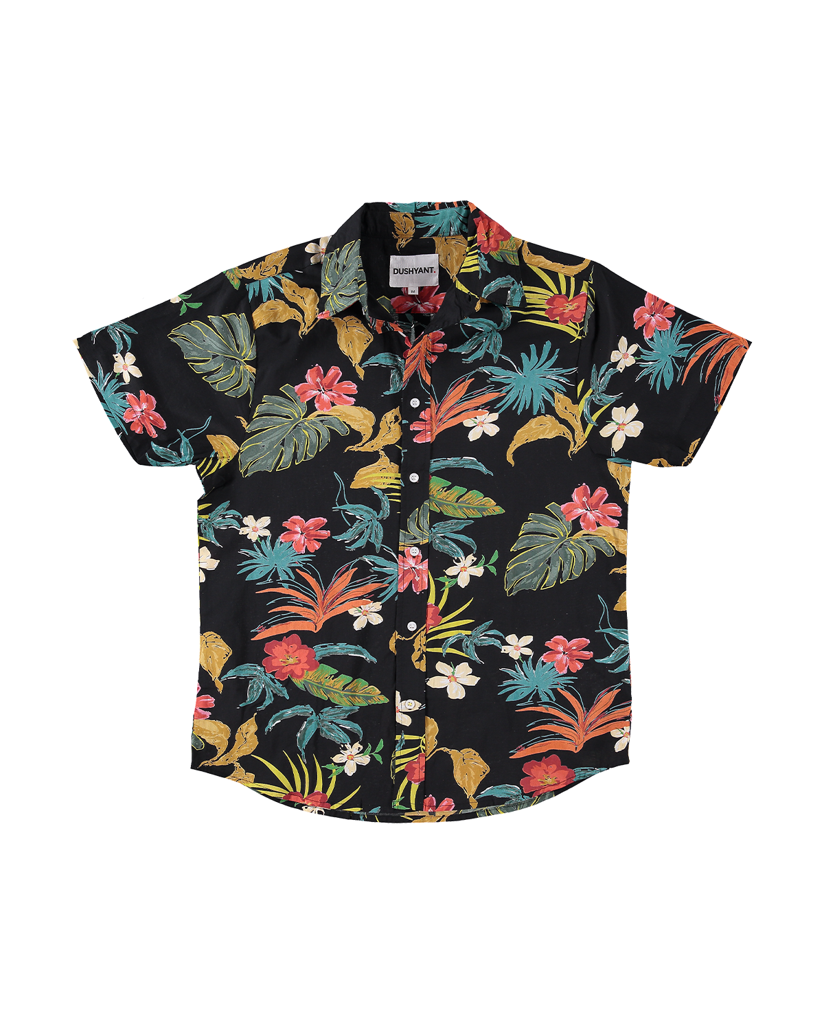 Hand Printed 'The Prat' Short Sleeve Shirt in Black Tropical Floral Print