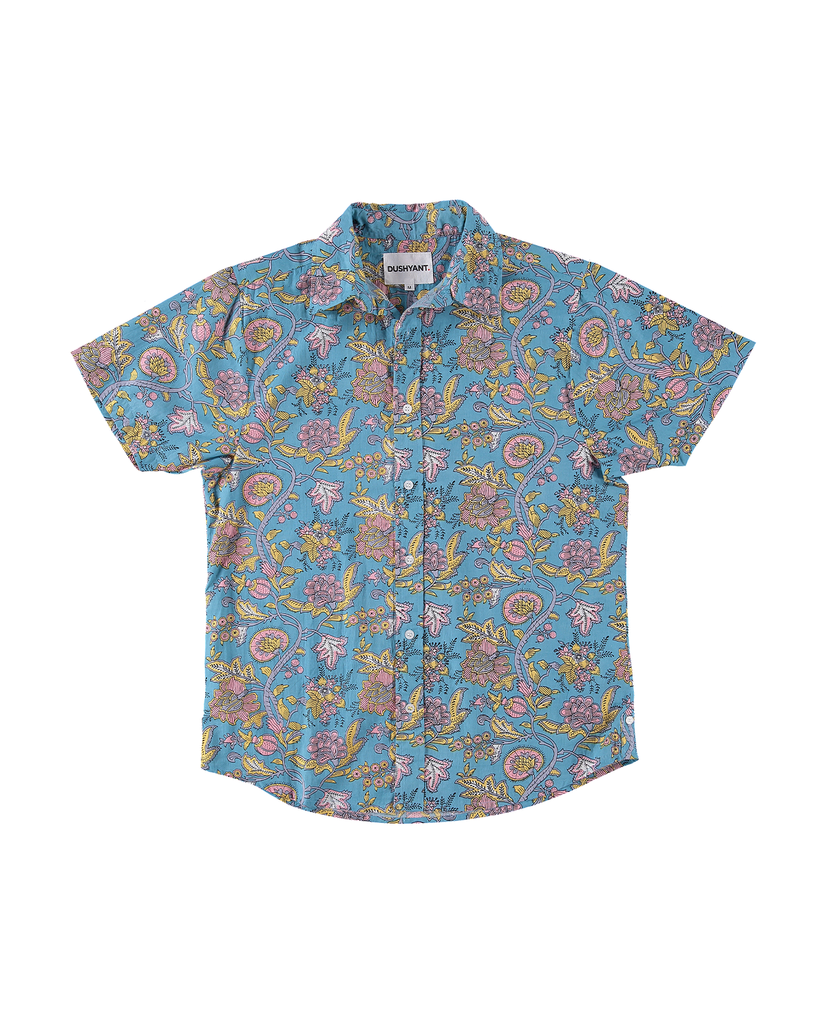 Hand Printed 'The Prat' Short Sleeve Shirt in Light Blue Mughal Floral Print