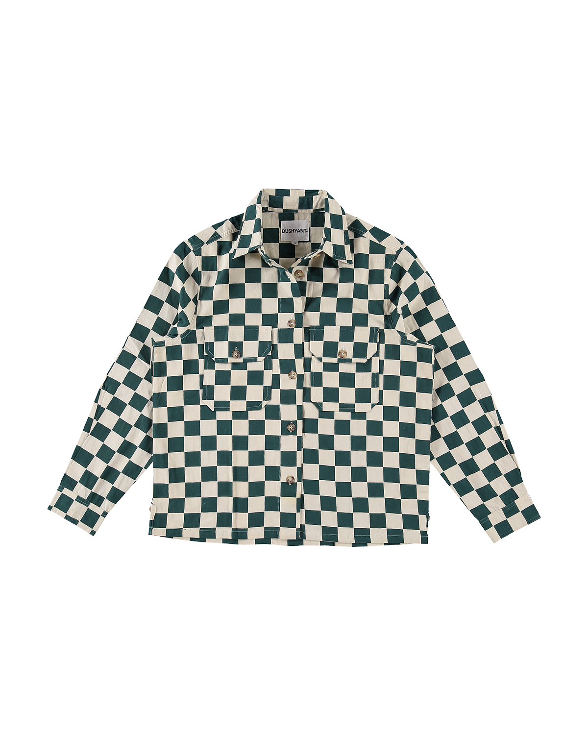 Hand Printed 'The Sophia' Over-Shirt in Green Chessboard Twill