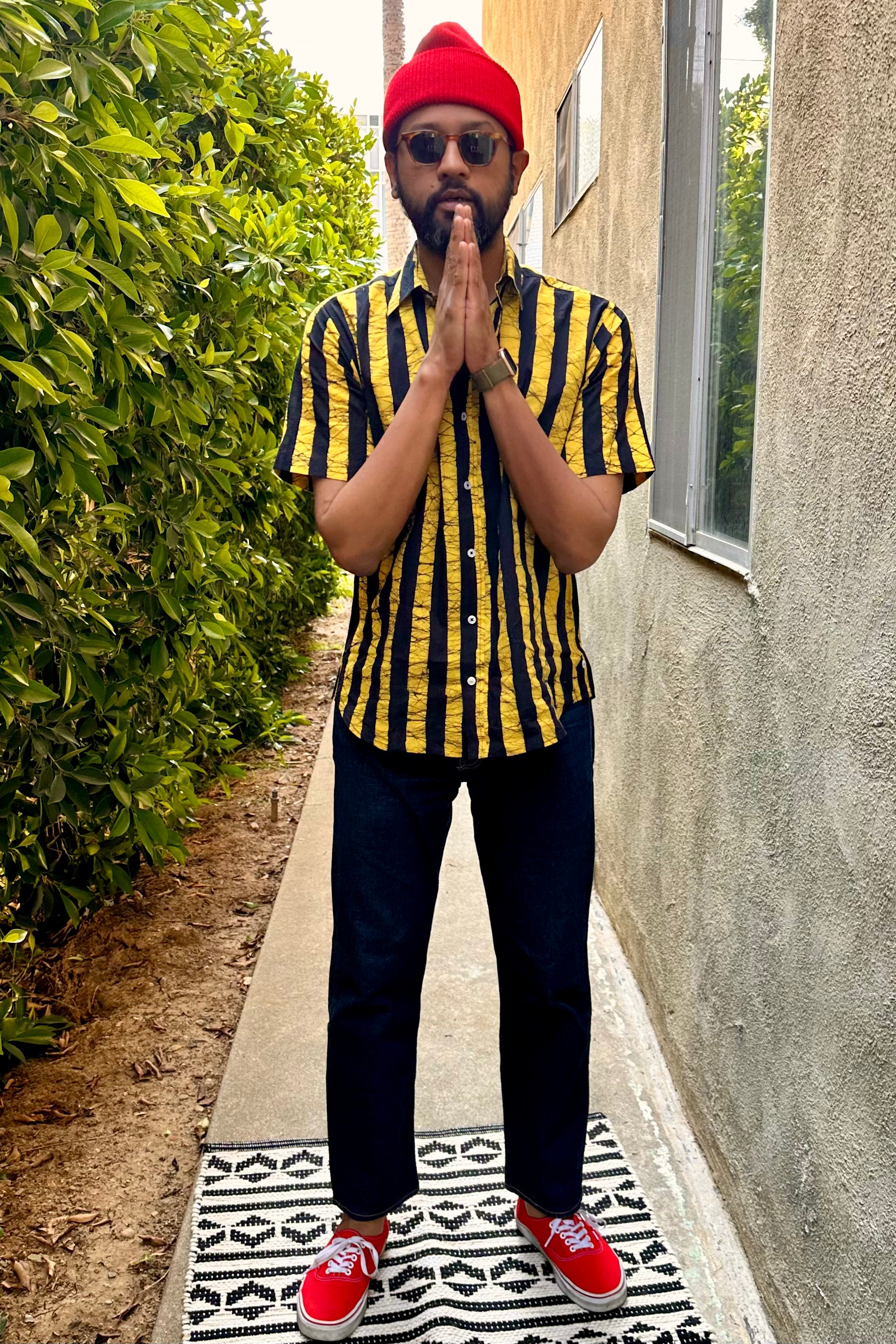 Hand Block Printed 'The Aby' Short Sleeve Shirt in Lemon and Black Batik Stripes