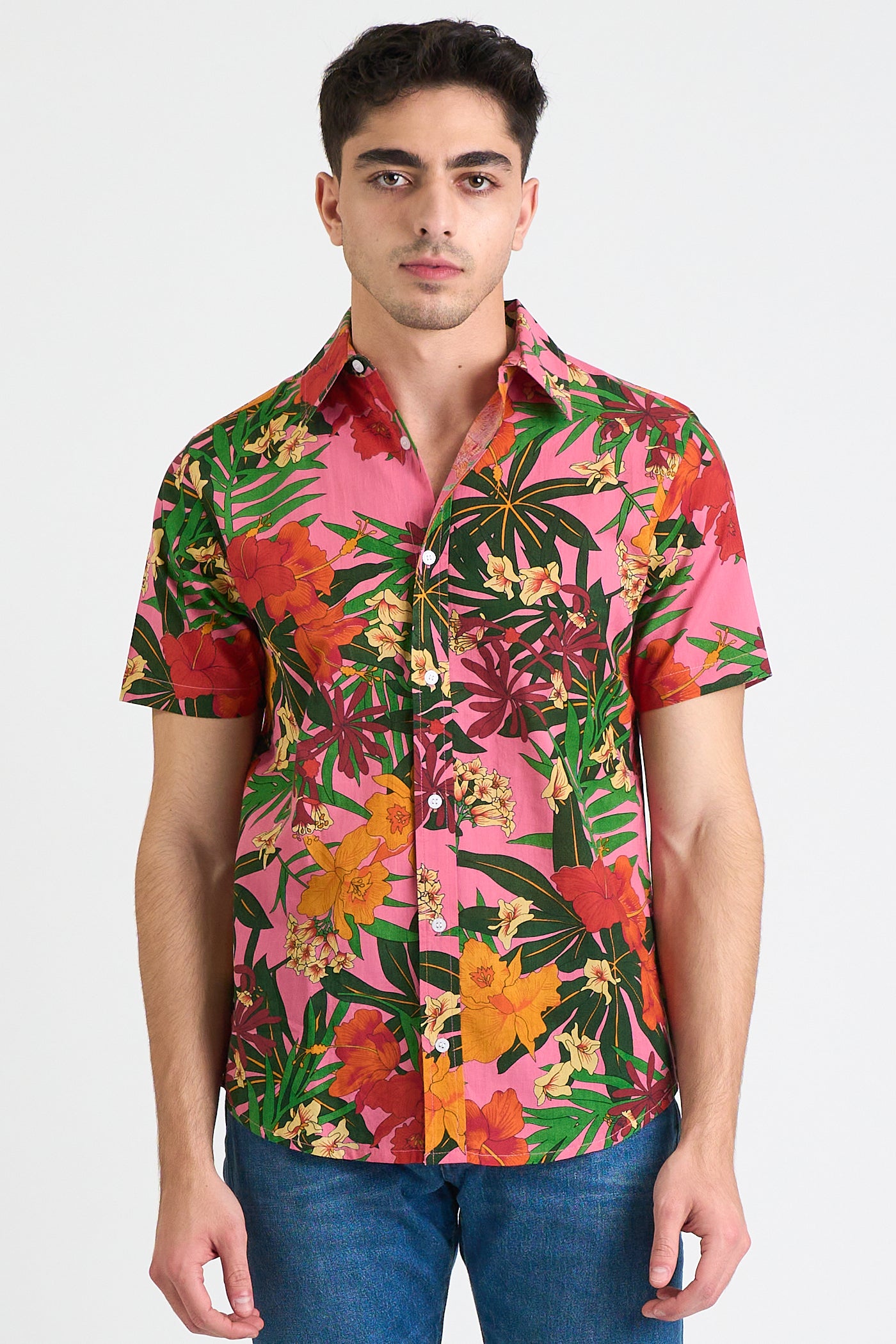 Hand Printed 'The Prat' Short Sleeve Shirt in Pink Floral print – DUSHYANT.