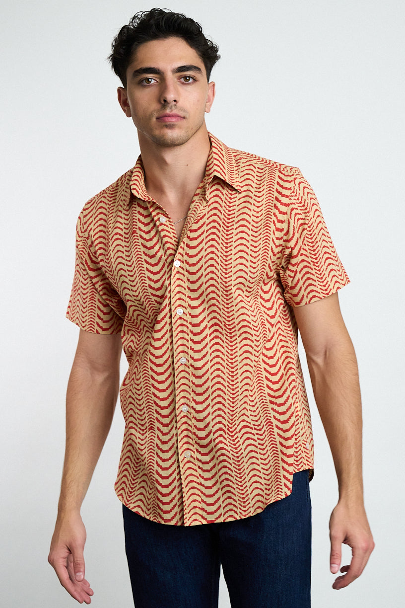 Hand Printed 'The Folk' Short Sleeve Shirt in Beige and Red Zig Zag Print